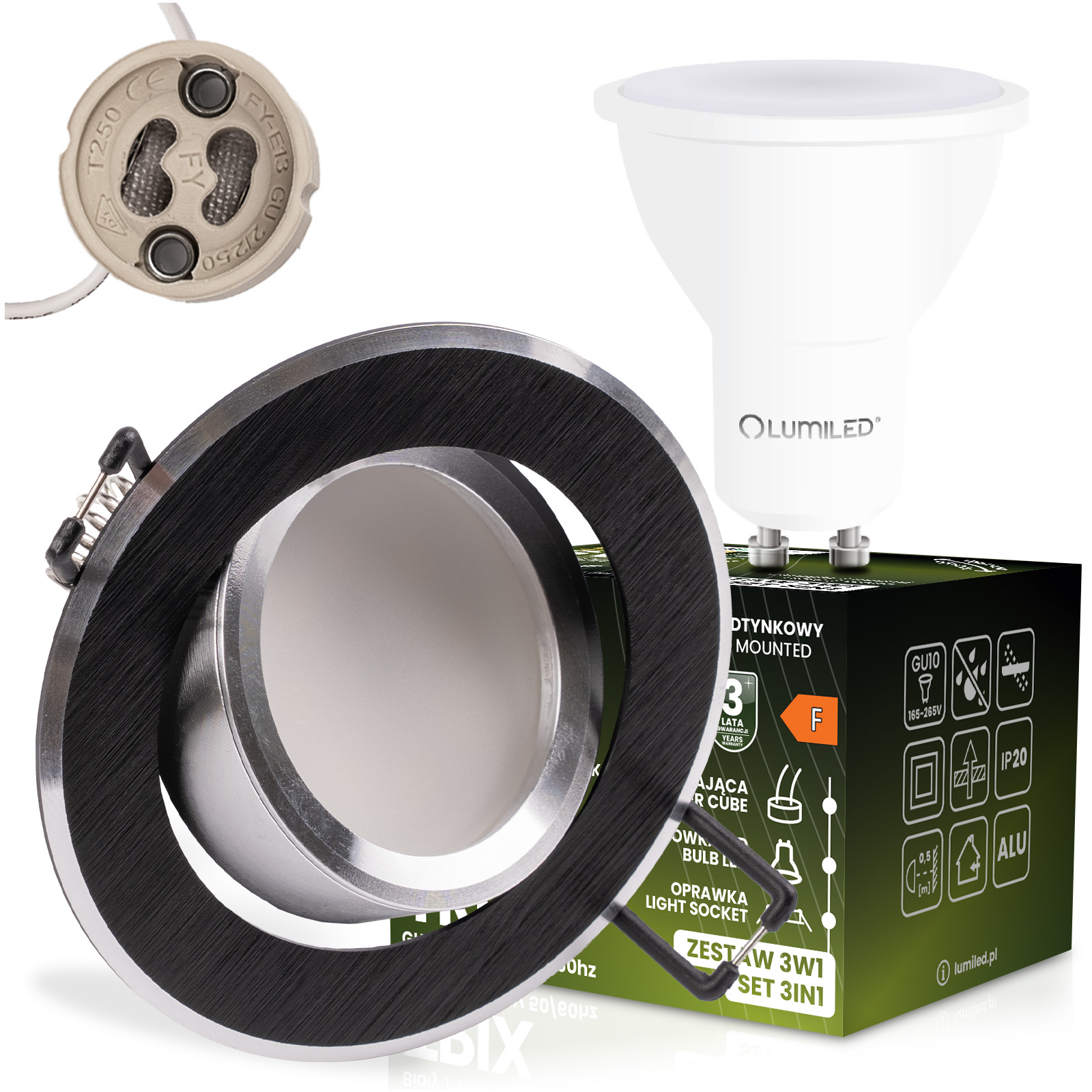 Oprawa Halogenowa Podtynkowa Okrągła Ruchoma TRIX 3w1 GU10 6W 3000K Czarny LUMILED - główne zdjęcie produktu