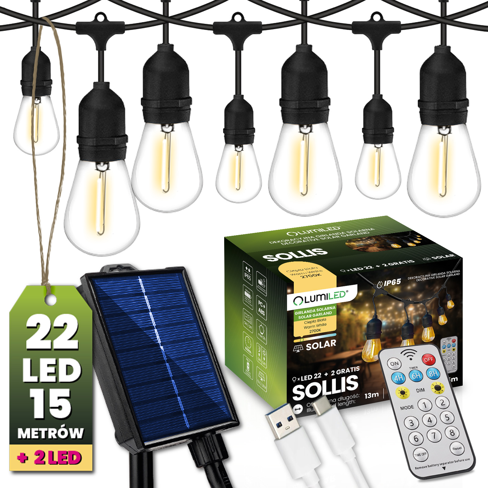 Girlanda Solarna Ogrodowa 22x  LED Ozdobne Żarówki 15m + PILOT IP65 2700K Ciepła SOLLIS LUMILED - główne zdjęcie produktu