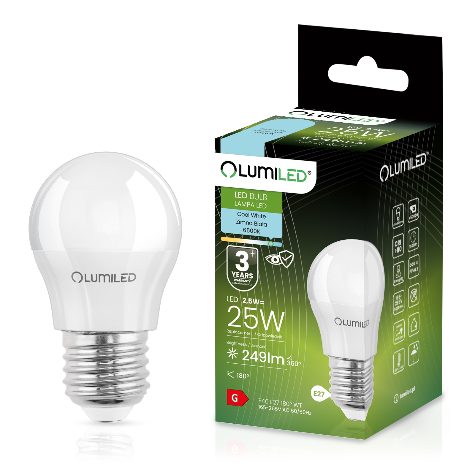 Żarówka LED E27 Kulka P45 2,5W = 25W 249lm 6500K Zimna 180° LUMILED - główne zdjęcie produktu