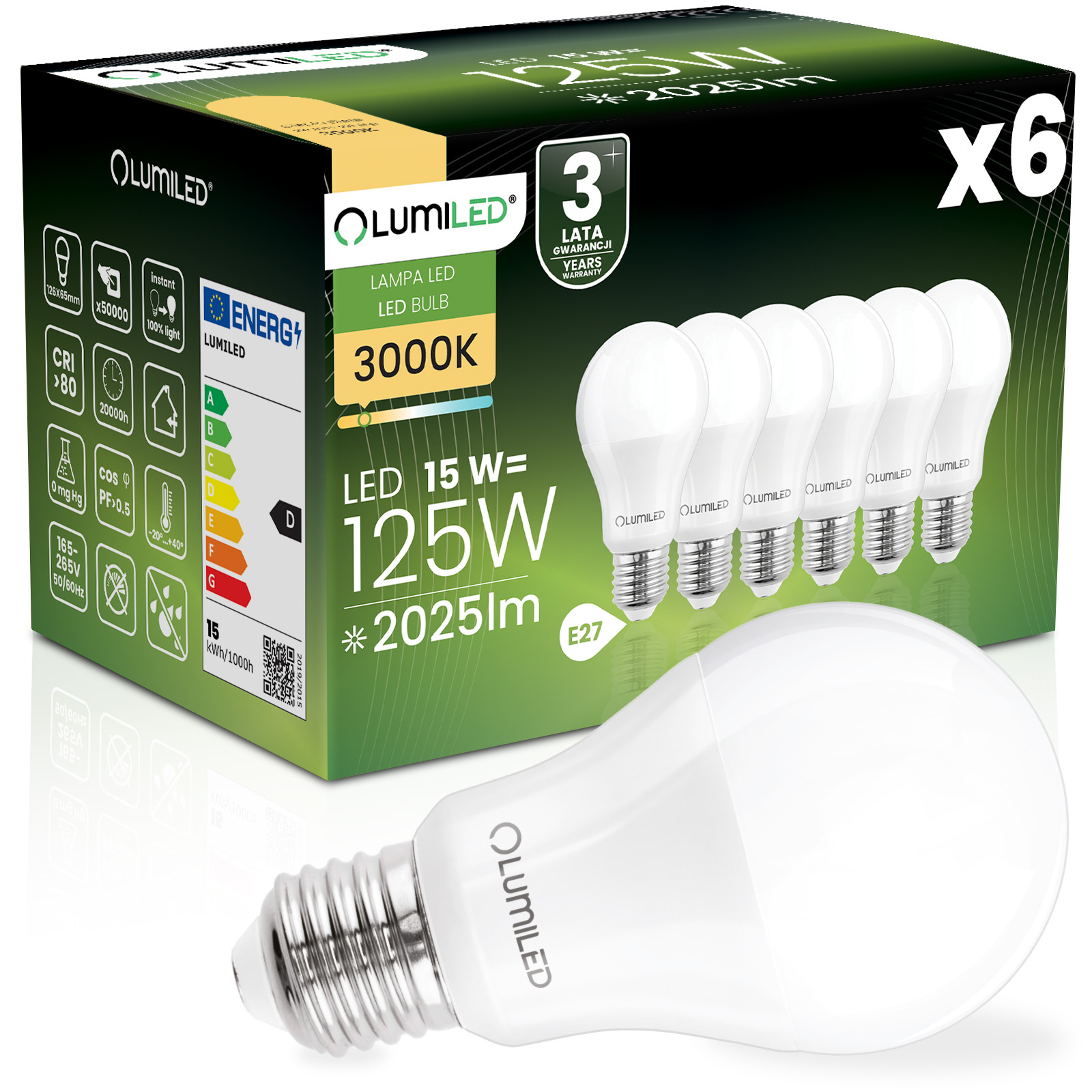 6x Żarówka LED E27 A65 15W = 125W 2025lm 3000K Ciepła 260° LUMILED - główne zdjęcie produktu