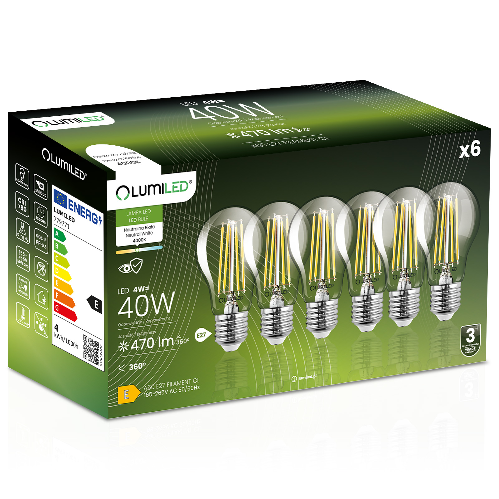 6x Żarówka LED E27 A60 4W = 40W 470lm 4000K Neutralna 360° FILAMENT LUMILED - główne zdjęcie produktu