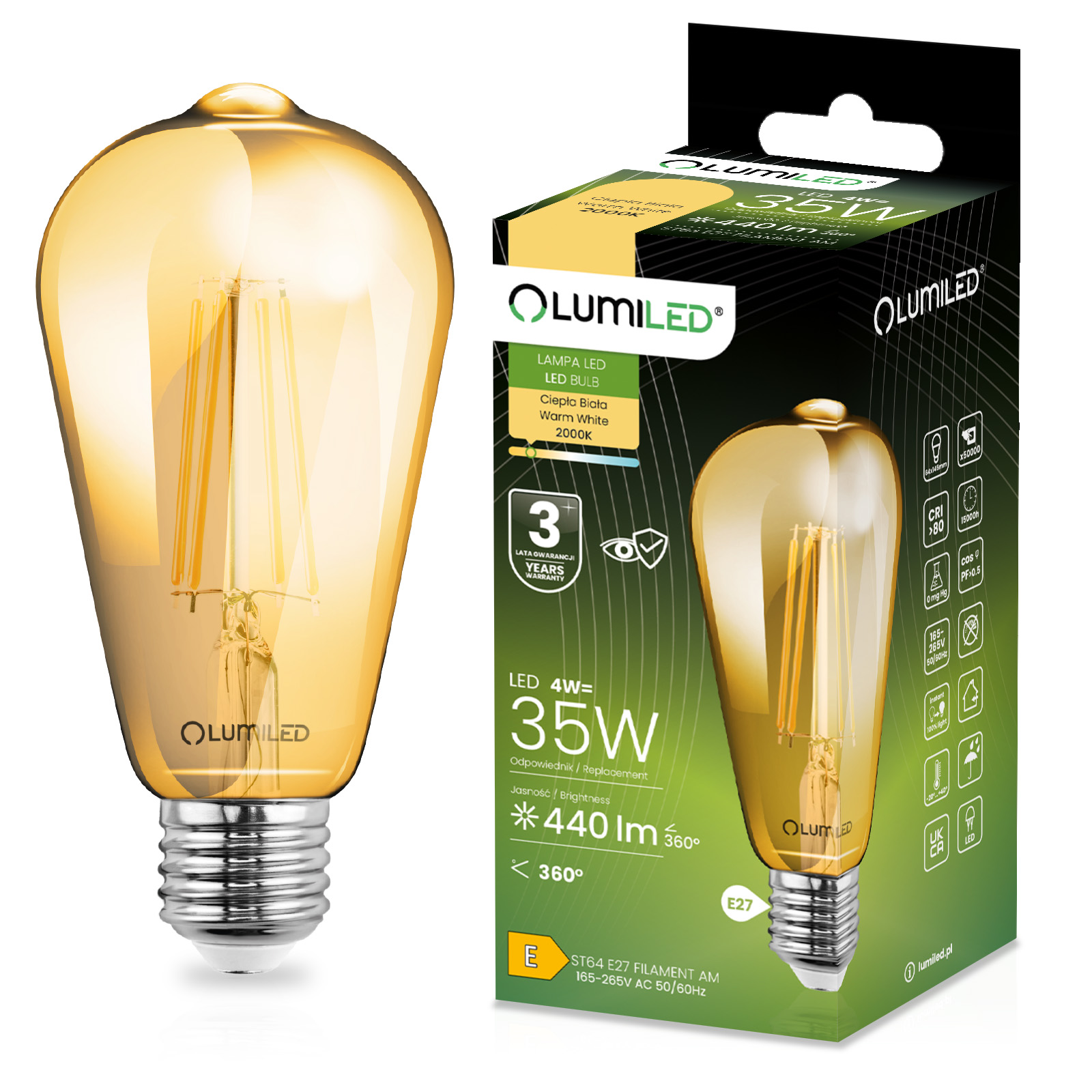 Żarówka LED E27 Edison ST64 4W = 35W 440lm 2000K Ciepła 360° FILAMENT LUMILED - główne zdjęcie produktu