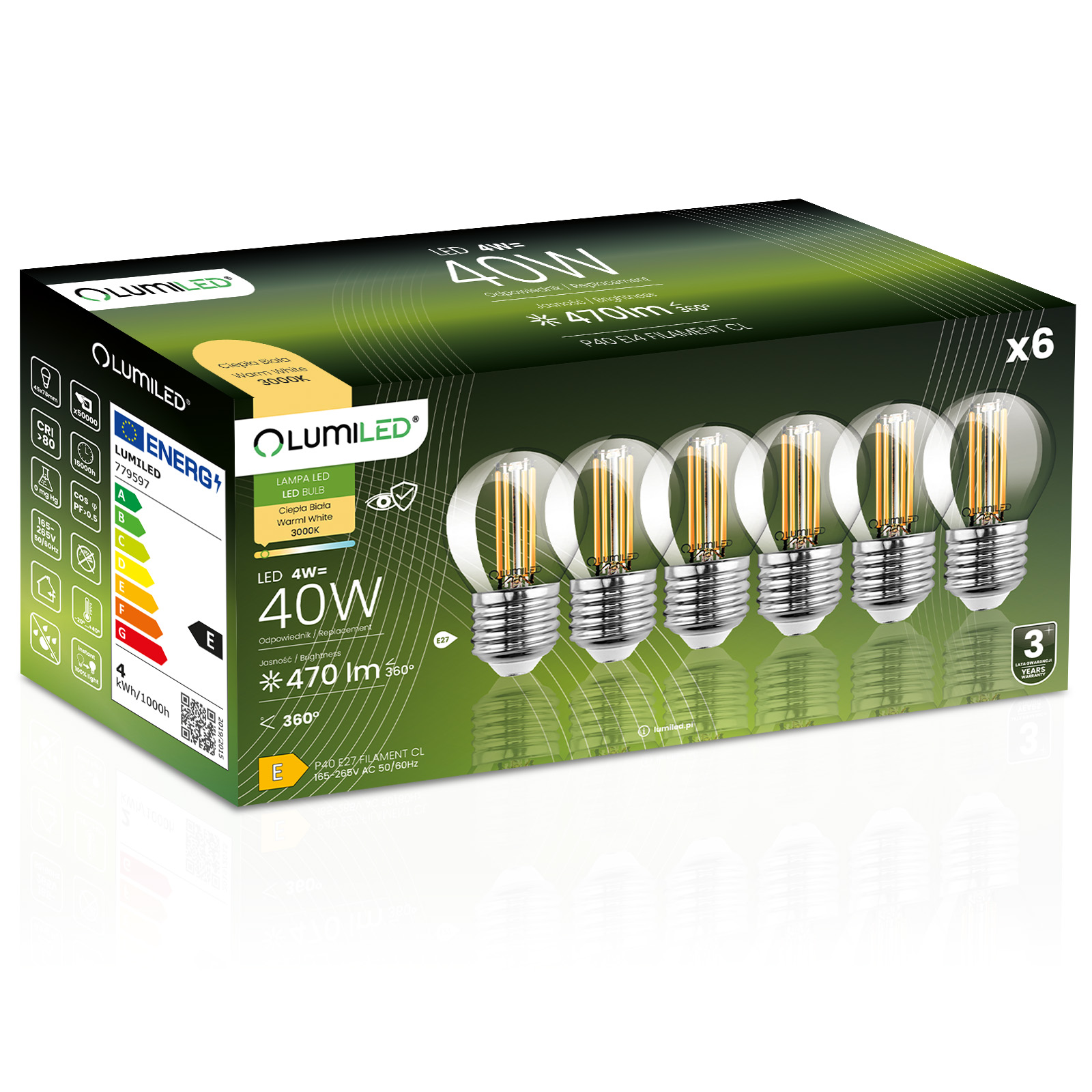 6x Żarówka LED E27 Kulka P45 4W = 40W 470lm 3000K Ciepła 360° FILAMENT LUMILED - główne zdjęcie produktu
