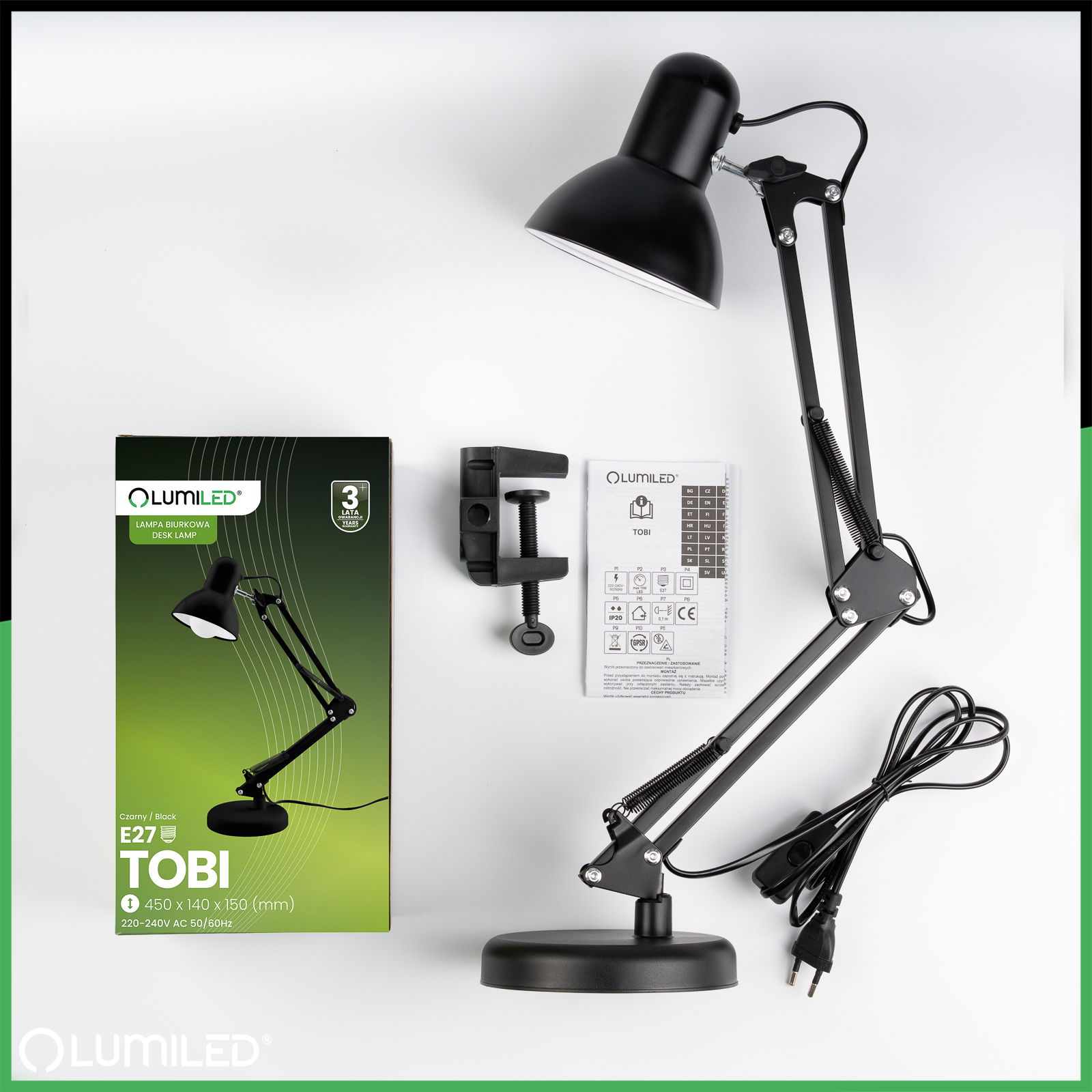 Lampka Biurkowa Kreślarska Stołowa E27 TOBI Czarna Lumiled + Uchwyt na Blat - skład produktu