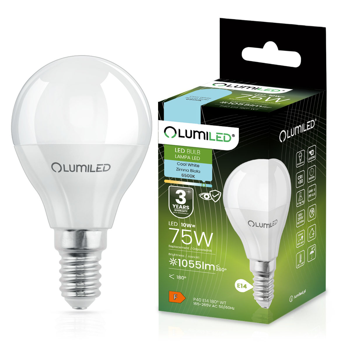 Żarówka LED E14 Kulka P45 10W = 75W 1055lm 6500K Zimna 180° LUMILED - główne zdjęcie produktu
