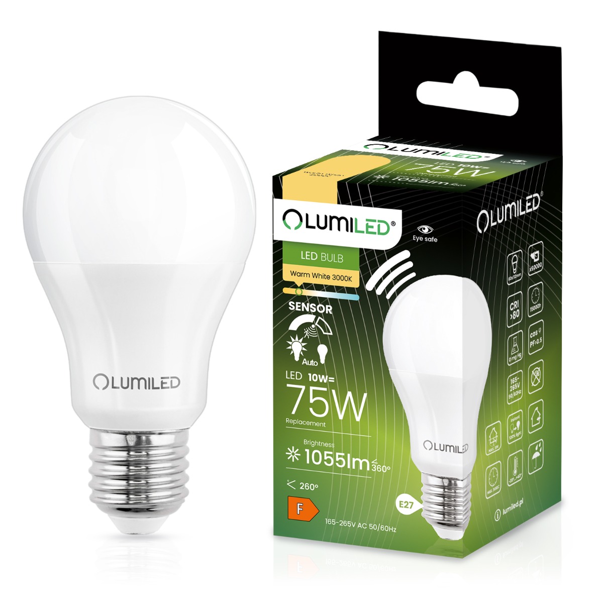 Żarówka LED E27 A60 10W = 75W 1055lm 3000K Ciepła 260° LUMILED - główne zdjęcie produktu