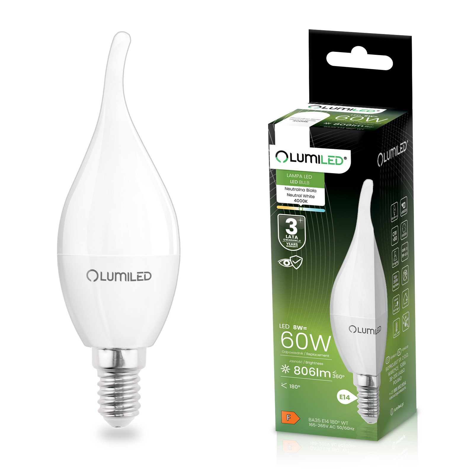 Żarówka LED E14 Świeczka BA35 8W = 60W 806lm 4000K Neutralna 180° LUMILED - główne zdjęcie produktu
