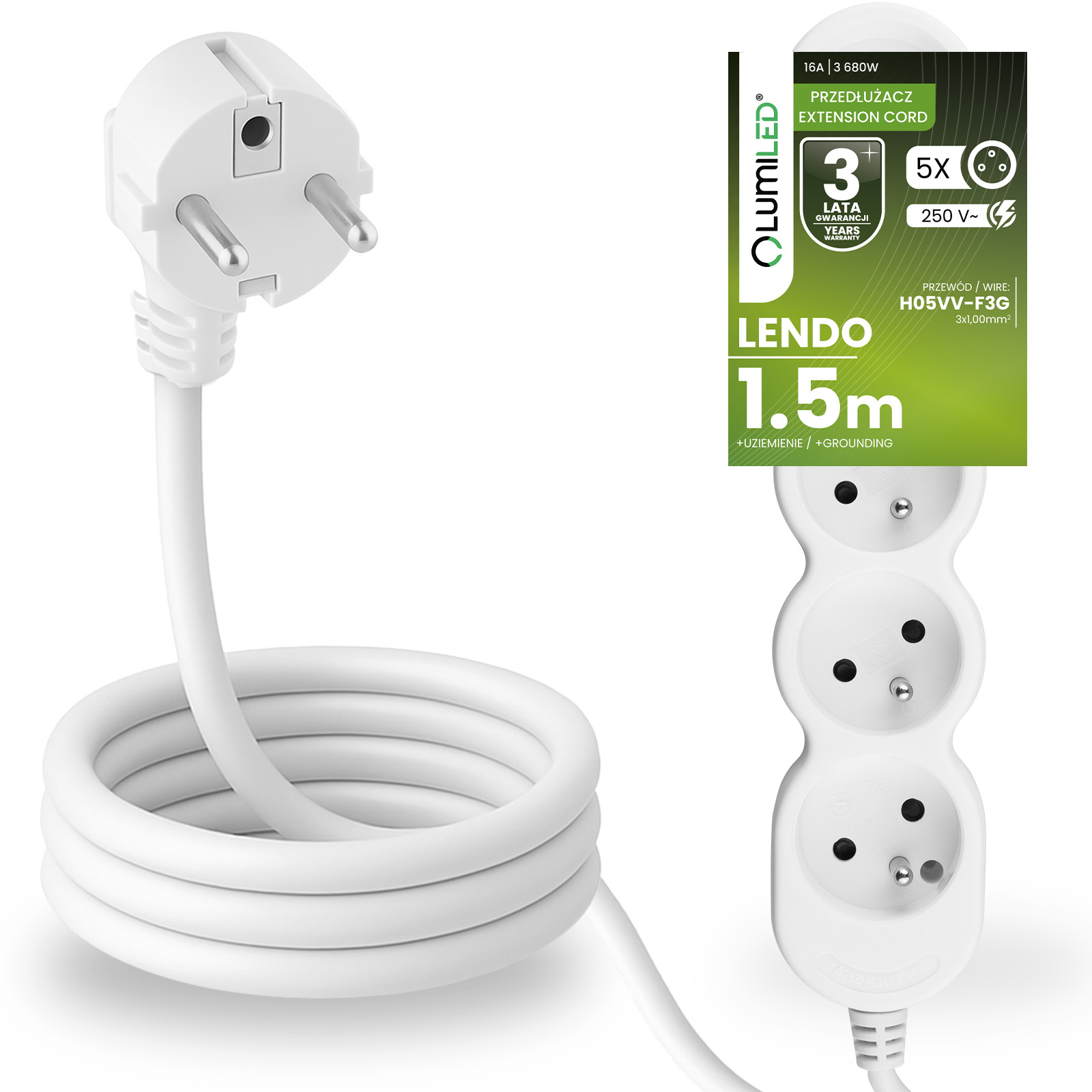Przedłużacz Sieciowy Kabel z Uziemieniem Listwa Zasilająca 5 Gniazda 1.5m Biały Sznur Lendo Lumiled - główne zdjęcie produktu