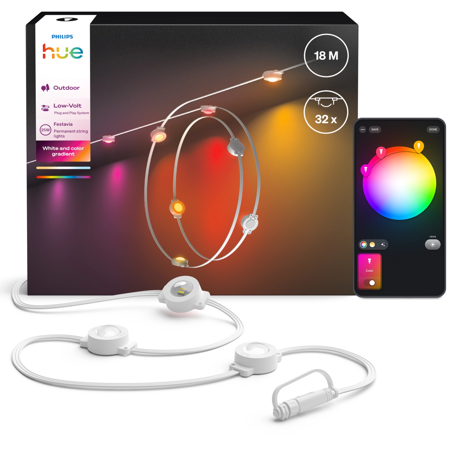 Girlanda Ogrodowa Zewnętrzna 18m IP65 32LED RGB SMART Inteligentna Bluetooth ZigBee White and Color Ambiance Festavia Philips HUE - główne zdjęcie produktu