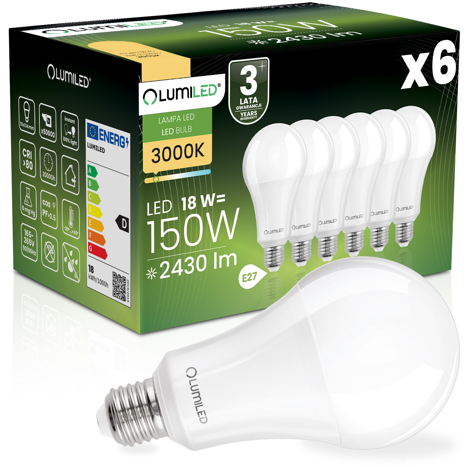 6x Żarówka LED E27 A70 18W = 150W 2430lm 3000K Ciepła 260° LUMILED - główne zdjęcie produktu