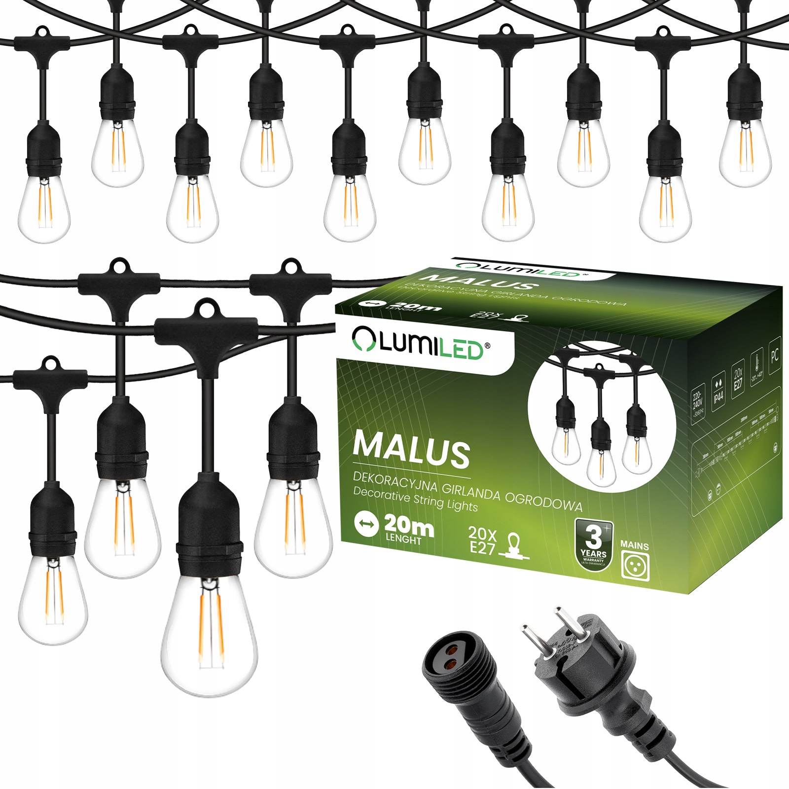 Girlanda Ogrodowa Zewnętrzna Łańcuch Świetlny 20m 20x E27 Żarówki 2W 3000K MALUS Lumiled - główne zdjęcie produktu