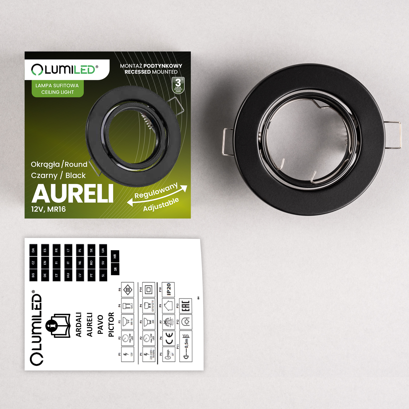Oprawa HALOGENOWA Podtynkowa Ruchoma Okrągła AURELI Czarna Blacha MR16 GU10 - skład produktu