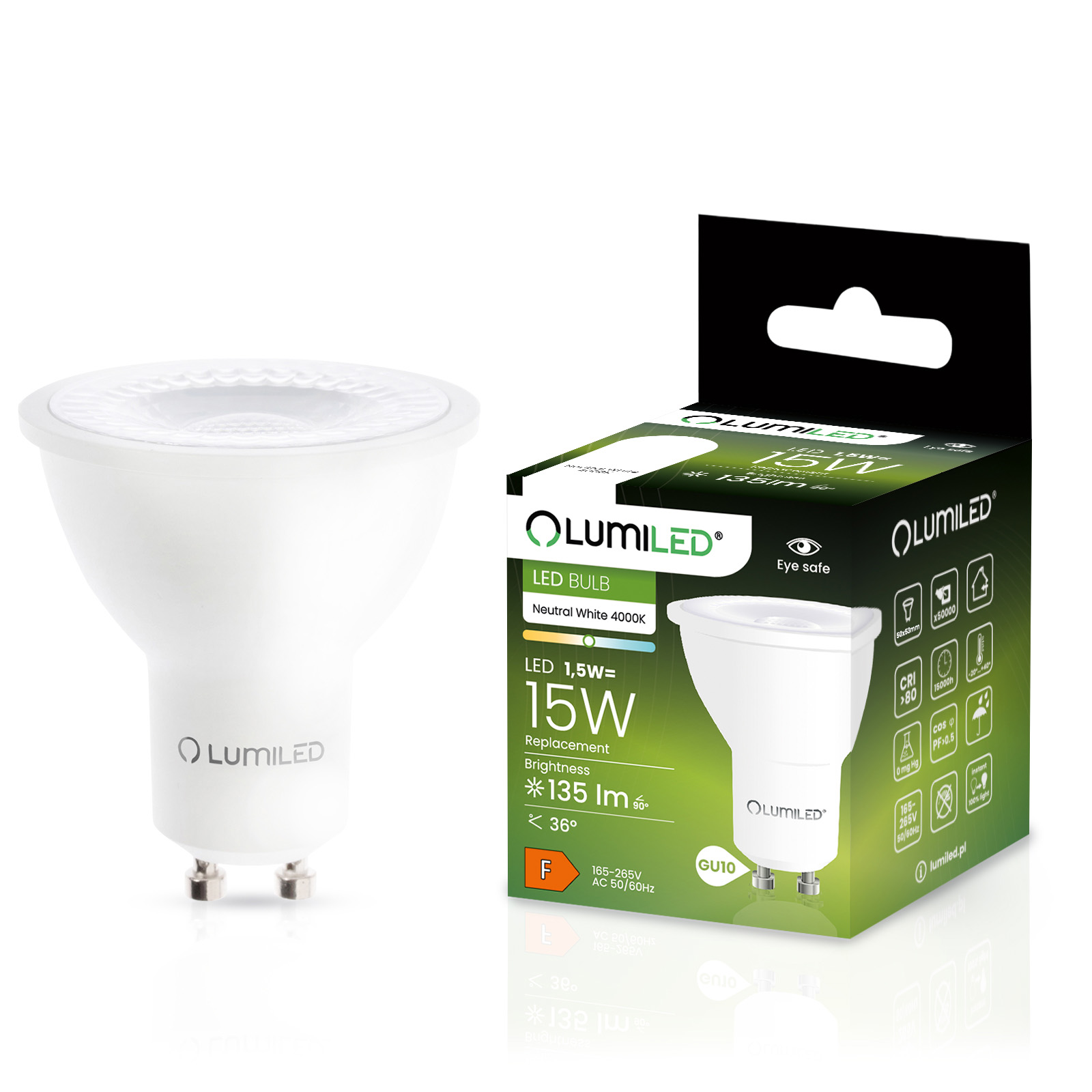 Żarówka LED GU10 Reflektor PAR16 1,5W = 15W 135lm 4000K Neutralna 36° LUMILED - główne zdjęcie produktu