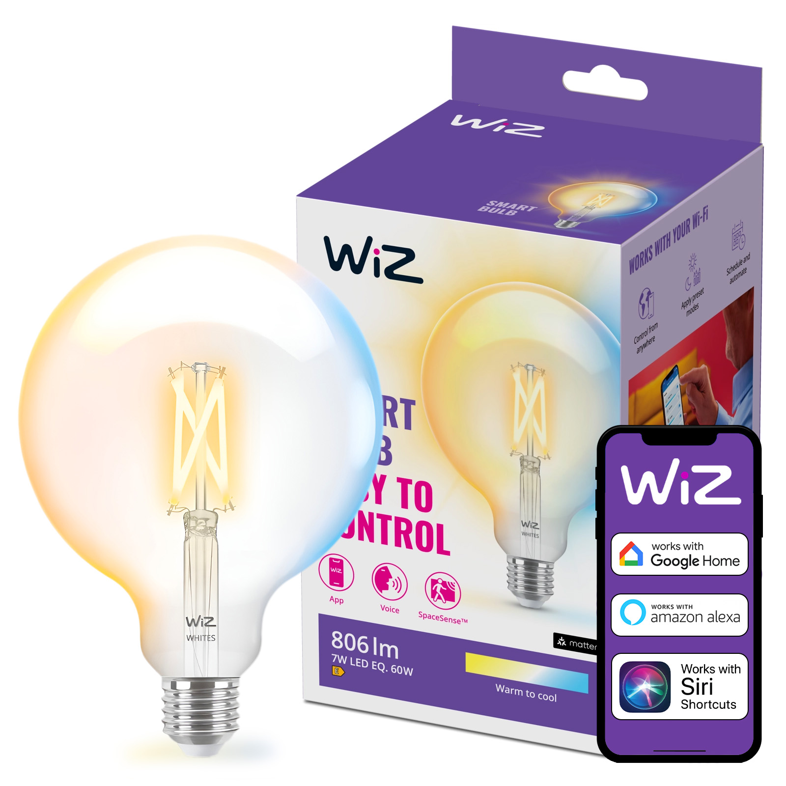 Żarówka LED E27 Kula G125 7W = 60W 806lm 2700-6500K TW FILAMENT Inteligentna SMART WiFi Bluetooth Aplikacja WiZ - główne zdjęcie produktu