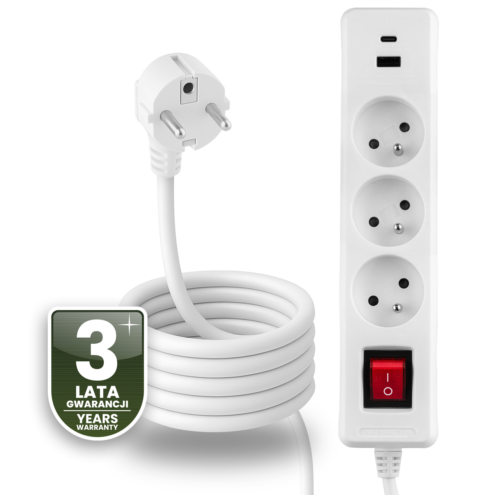 Przedłużacz Sieciowy Kabel z Uziemieniem Listwa Zasilająca 3 Gniazda 3m Włącznik ON/OFF Biały USB + USB-C Sznur ELGER Lumiled - czwarta cecha produktu