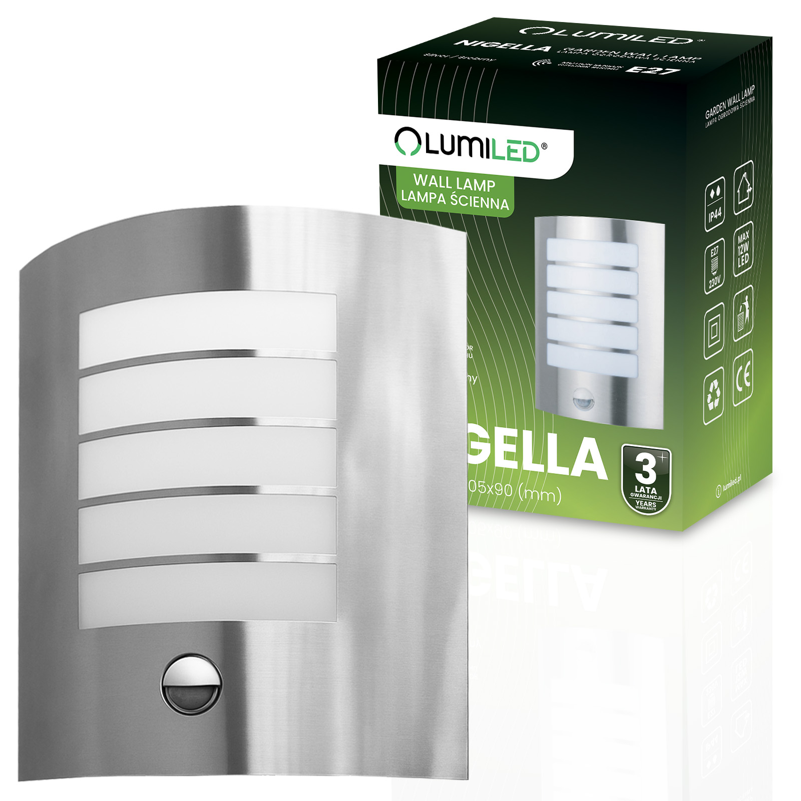 Kinkiet Ogrodowy Elewacyjny Lampa Zewnętrzna E27 NIGELLA z Czujnikiem Ruchu i Zmierzchu - główne zdjęcie produktu