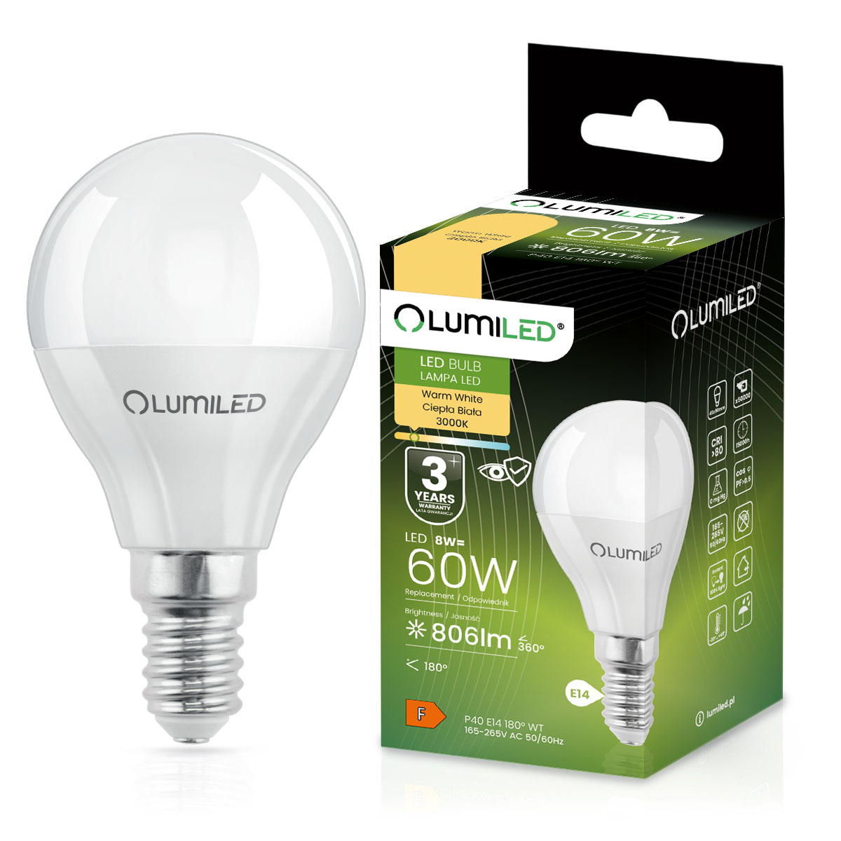 Żarówka LED E14 Kulka P45 8W = 60W 806lm 3000K Ciepła 180° LUMILED - główne zdjęcie produktu