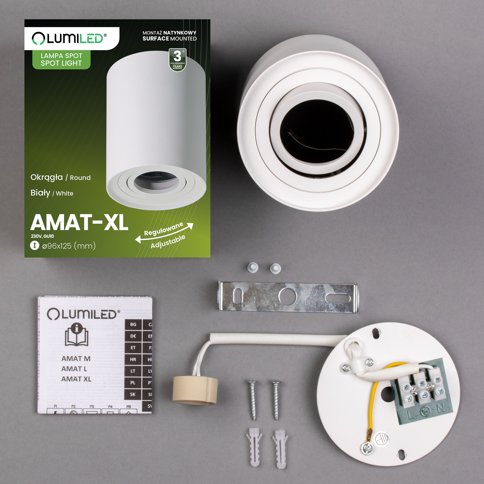 Oprawa Natynkowa HALOGENOWA Spot Tuba Ruchoma GU10 Okrągła Biała 125mm AMAT-XL LUMILED - skład produktu