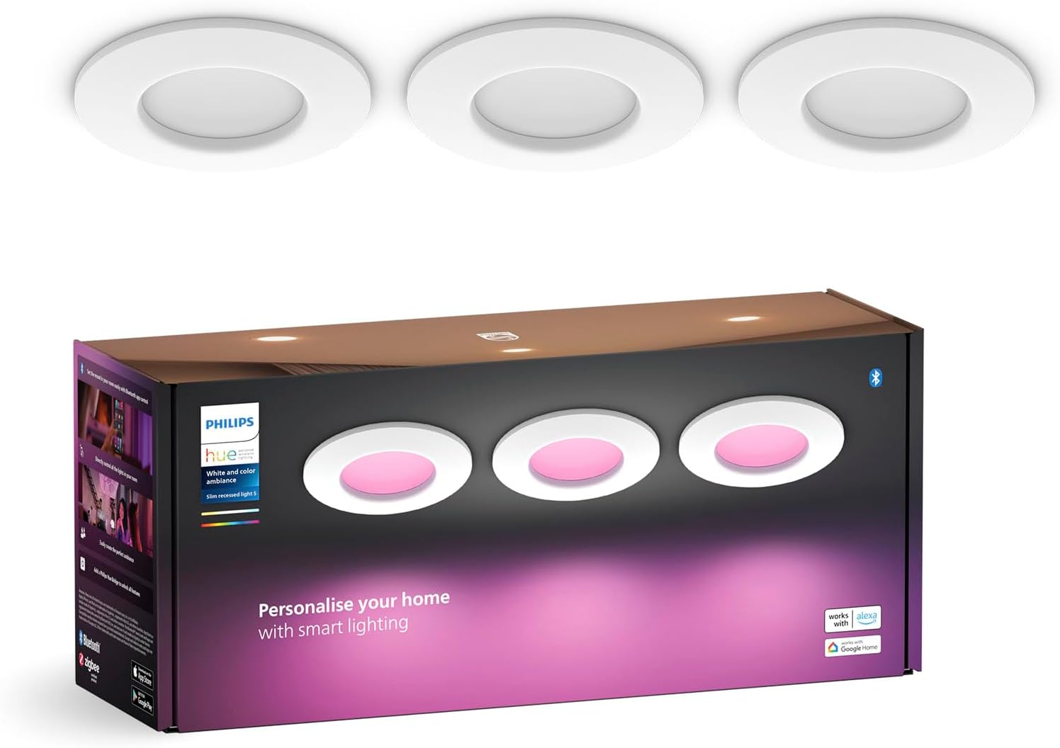 3x Panel LED Oprawa Podtynkowa Wpuszczana 8.3W 1000lm IP44 White and Color Ambiance RGB + TW Biała Inteligentna SMART Zigbee Bluetooth Slim Downlights Philips HUE - główne zdjęcie produktu