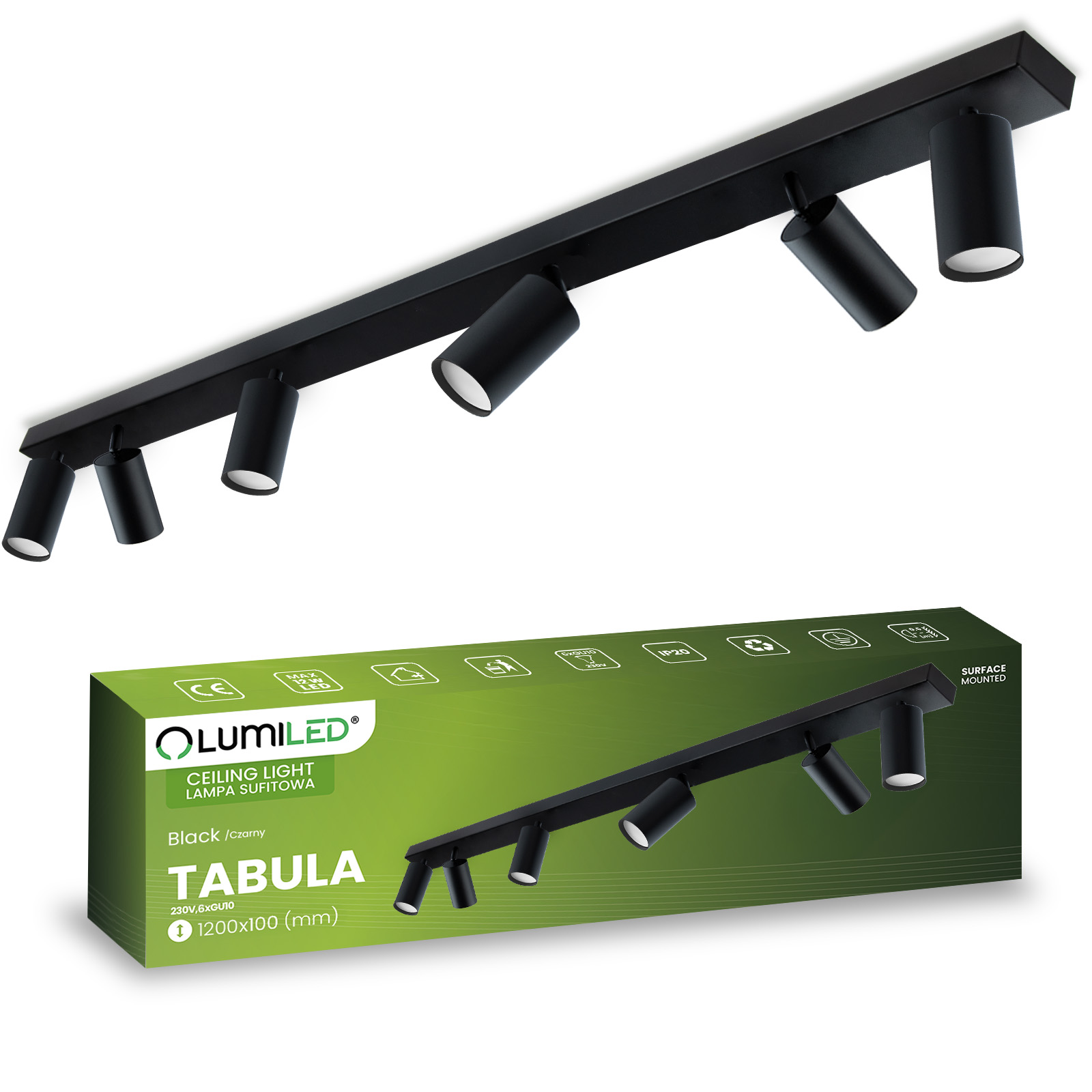 Lampa Sufitowa Plafon SPOT TUBA Reflektor Oprawa Halogenowa Skośna 6x GU10 TABULA LUMILED - główne zdjęcie produktu