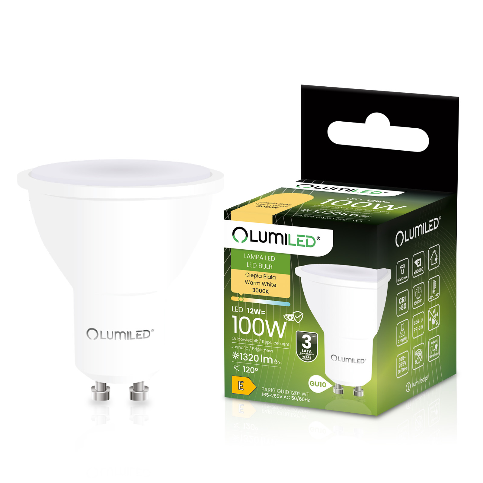 Żarówka LED GU10 Reflektor PAR16 12W = 100W 1320LM 3000K Ciepła 120° LUMILED - główne zdjęcie produktu