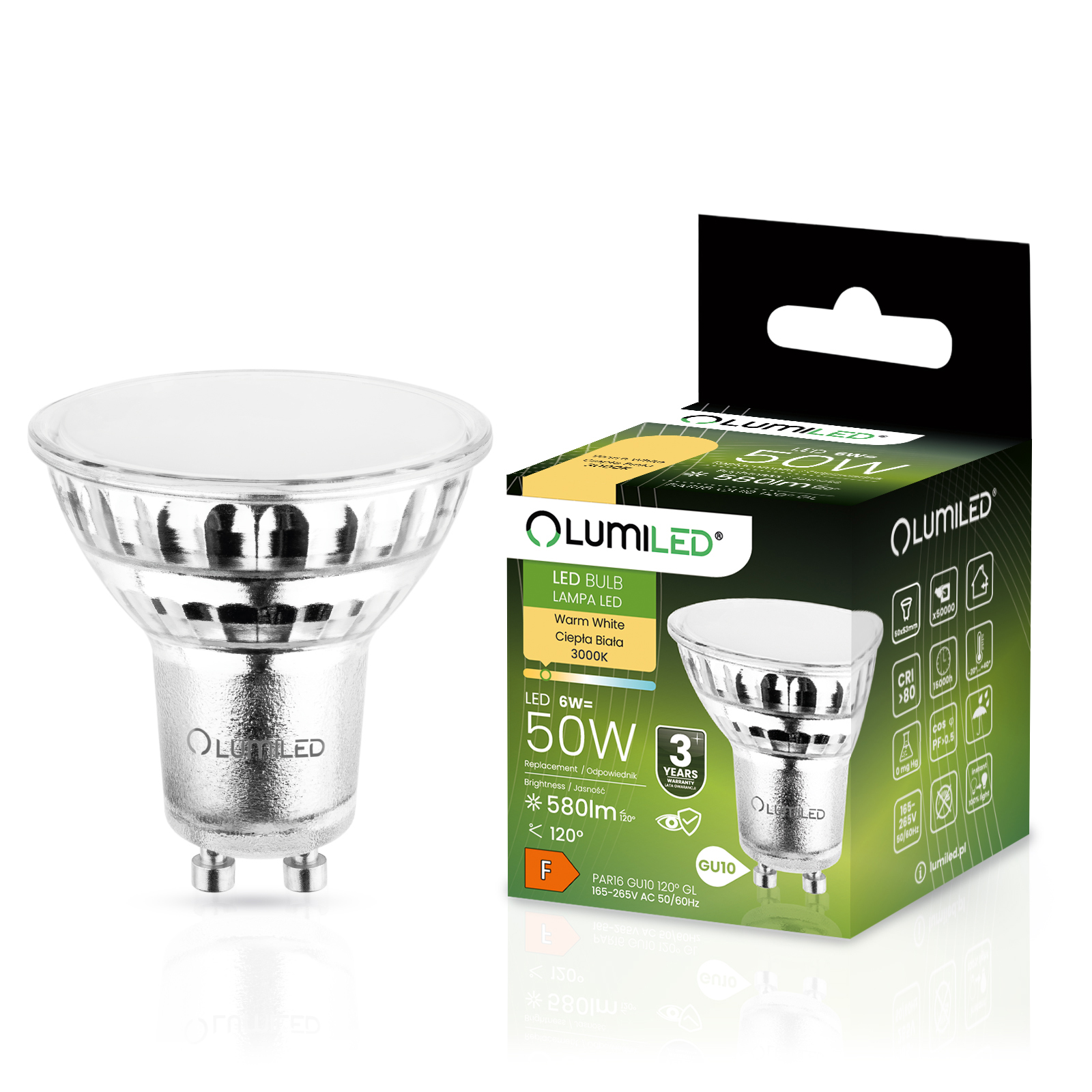 Żarówka LED GU10 Reflektor PAR16 6W = 50W 580lm 3000K Ciepła 120° LUMILED - główne zdjęcie produktu