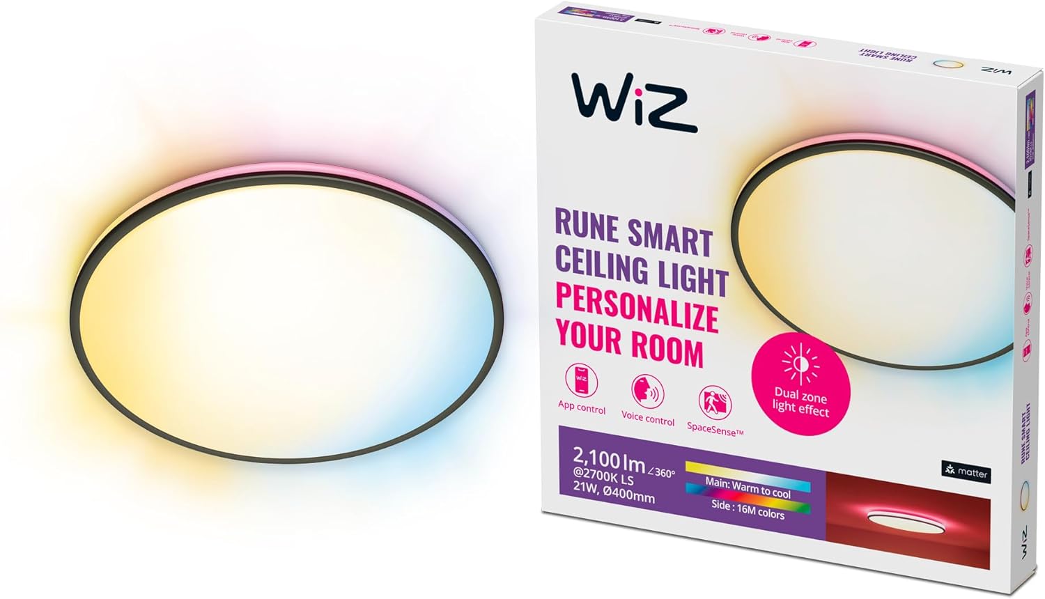Plafon LED Lampa Sufitowa Natynkowa 21W 2100lm 2700-6500K RGB + TW 40cm Czarna Okrągła Inteligentna SMART WiFi Bluetooth Aplikacja Rune WiZ - główne zdjęcie produktu