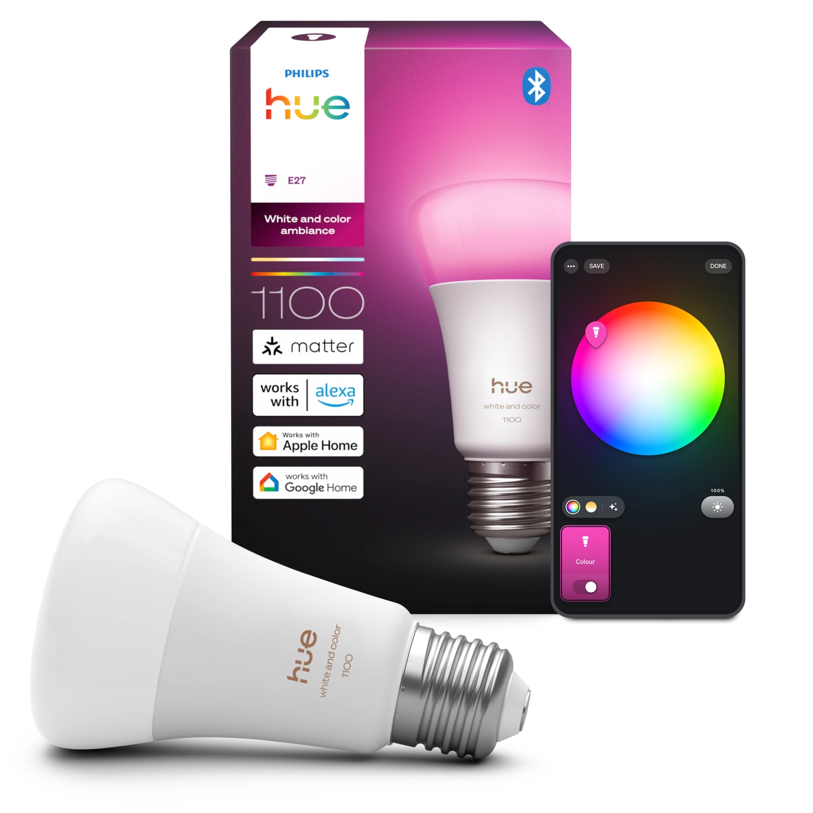 Żarówka LED E27 A60 8.1W = 75W 1100lm 1800-20000K CCT + RGB SMART Inteligentna Bluetooth ZigBee White and Color Ambiance Philips HUE - główne zdjęcie produktu