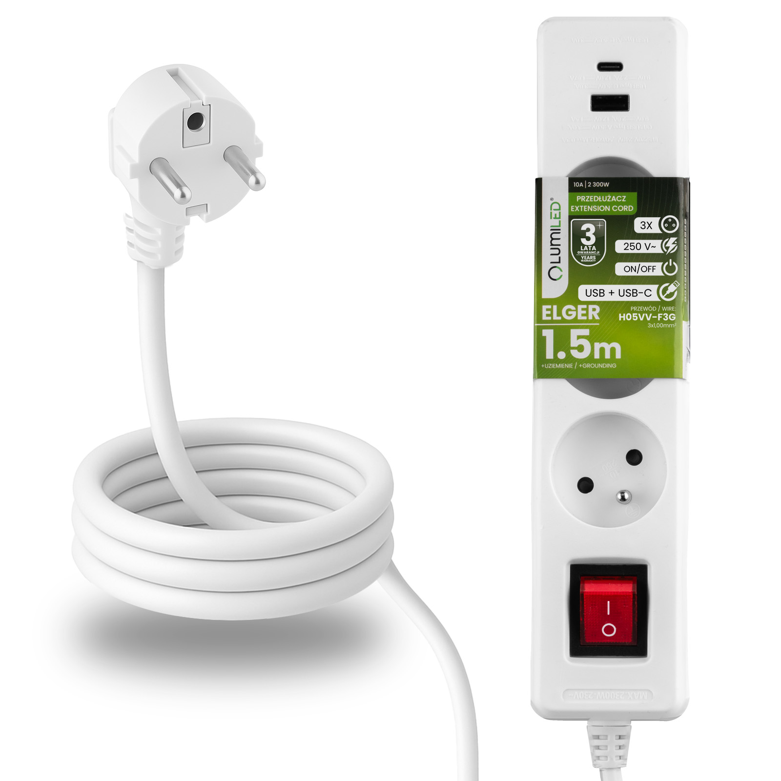 Przedłużacz Sieciowy Kabel z Uziemieniem Listwa Zasilająca 3 Gniazda 1.5m Włącznik ON/OFF Biały USB + USB-C Sznur ELGER Lumiled - główne zdjęcie produktu