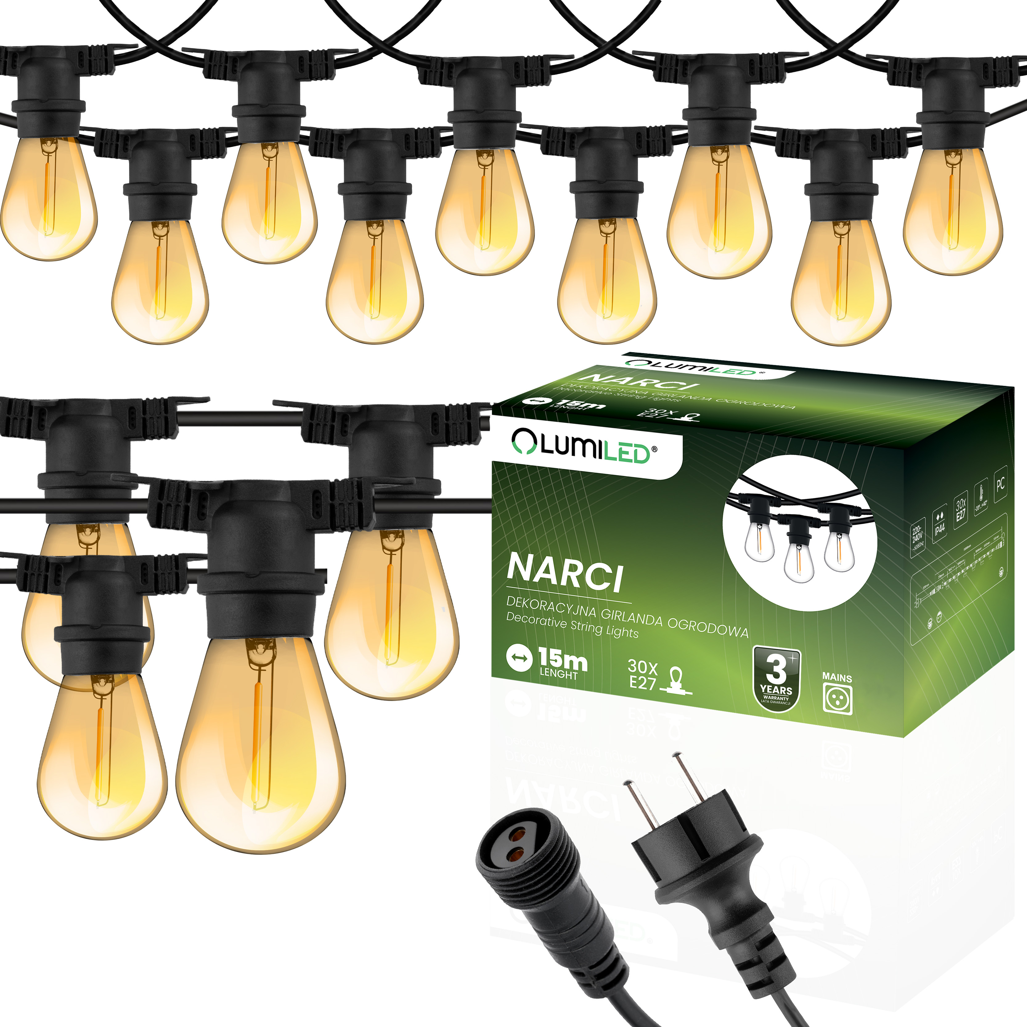 Girlanda Ogrodowa Zewnętrzna Łańcuch Świetlny 15m 30x E27 Żarówki 1,3W 2200K NARCI Lumiled - główne zdjęcie produktu