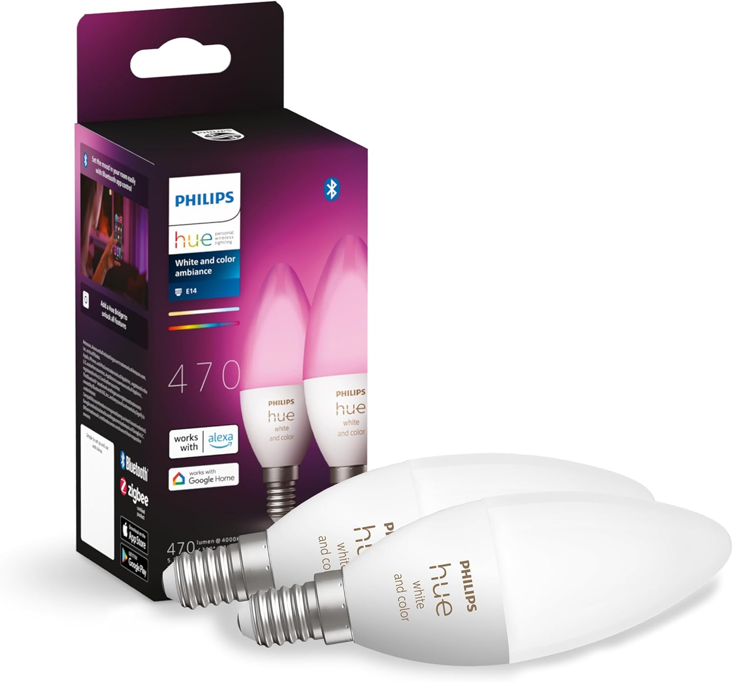 2x Żarówka LED E14 Świeczka B39 5.3W = 40W 470lm 2000-6500K CCT + RGB SMART Inteligentna Bluetooth ZigBee White and Color Ambiance Philips HUE - główne zdjęcie produktu