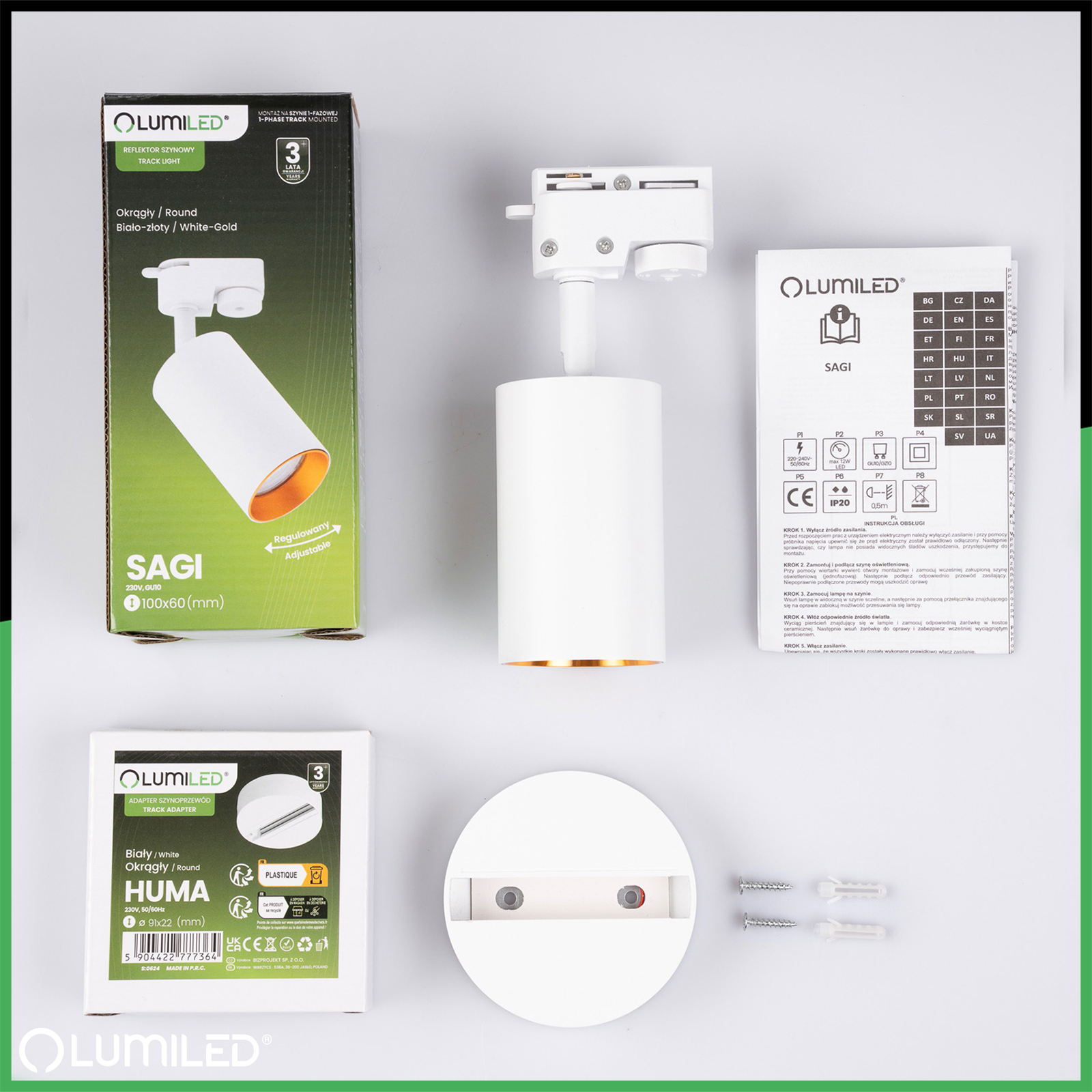 ZESTAW LUMILED SZYNA HUMA BIAŁY + REFLEKTOR SZYNOWY SAGI BIAŁO-ZŁOTY - skład produktu