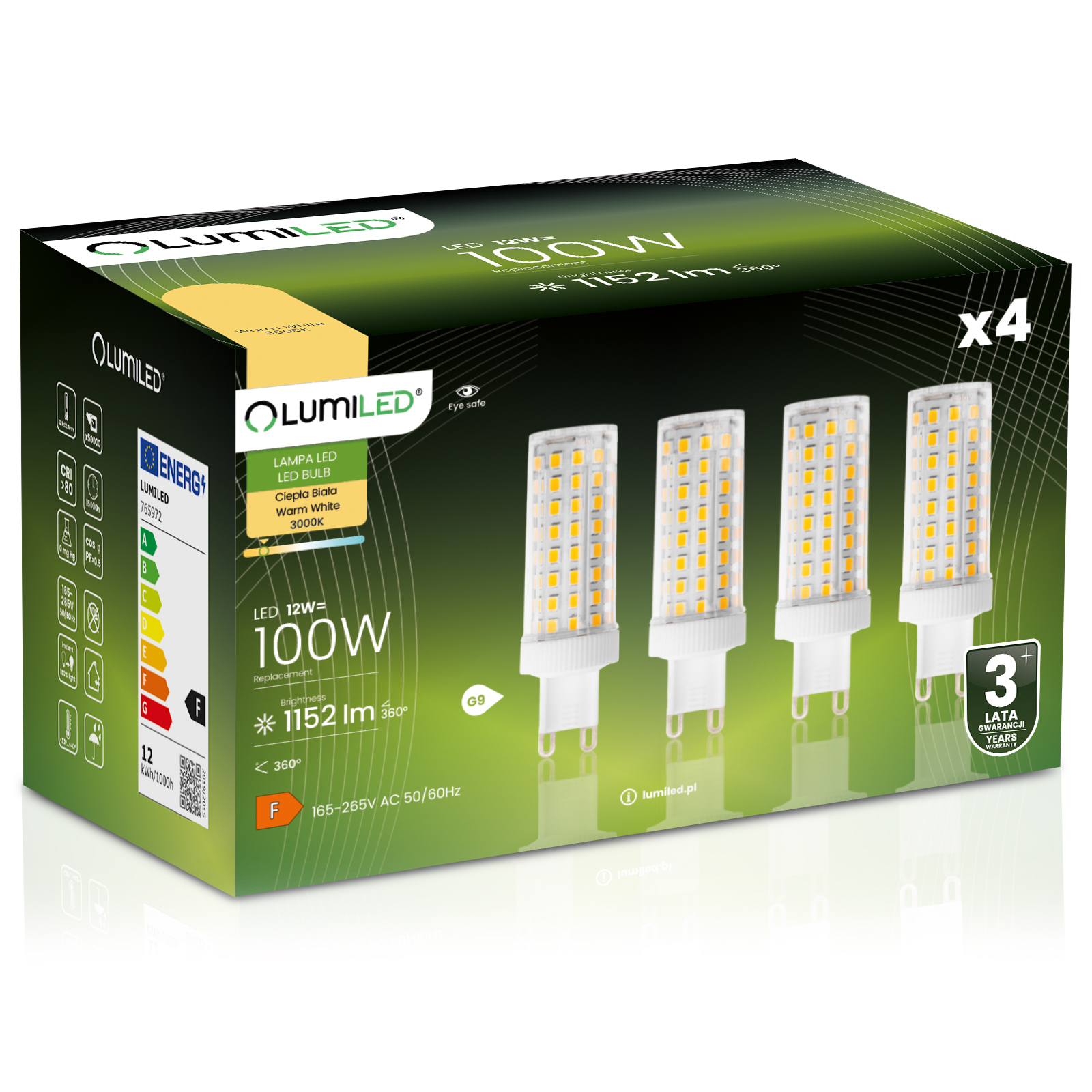 4x Żarówka LED G9 Kapsułka 12W = 100W 1152lm 3000K Ciepła 360° LUMILED - główne zdjęcie produktu