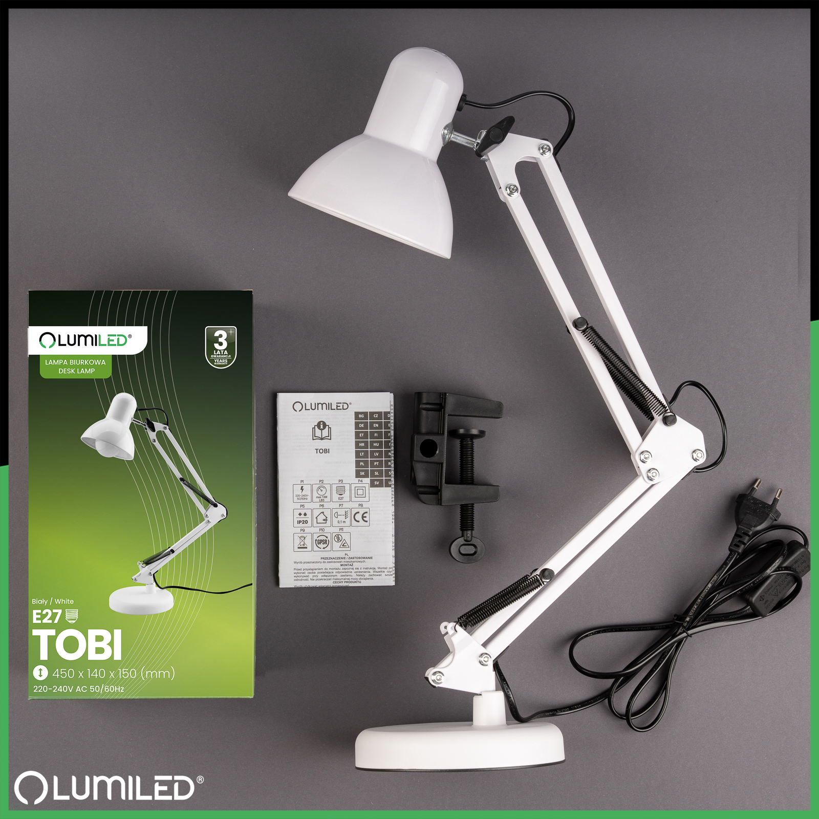 Lampka Biurkowa Kreślarska Stołowa E27 TOBI Biała Lumiled + uchwyt na blat - skład produktu