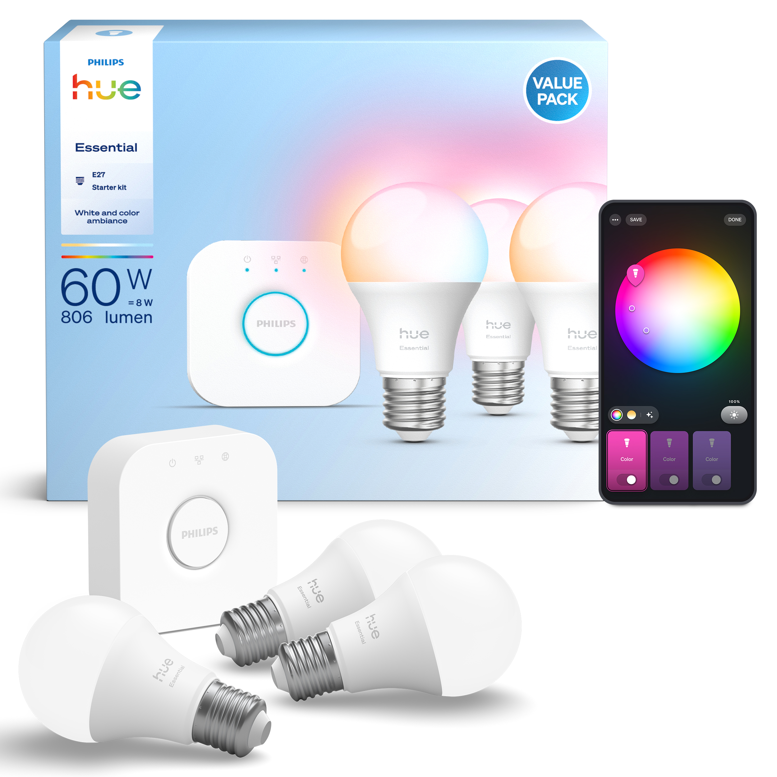 3x Żarówka LED E27 A60 8W = 60W 806lm 2200-6500K CCT + RGB SMART Inteligentna Bluetooth ZigBee White and Color Ambiance + Mostek Bridge Zestaw Startowy Philips HUE - główne zdjęcie produktu