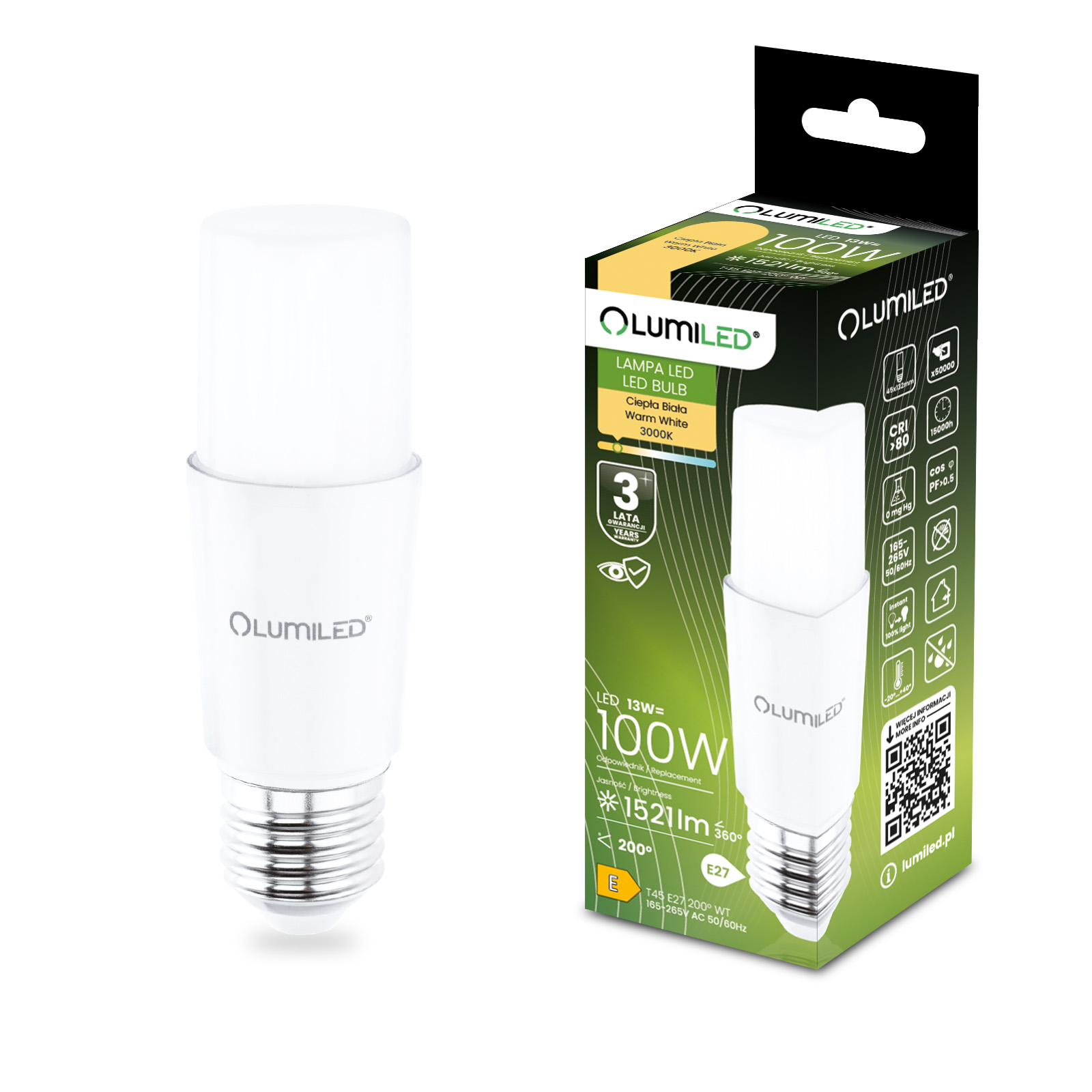 Żarówka LED E27 Tubularna T45 13W = 100W 1521lm 3000K Ciepła 200° LUMILED - główne zdjęcie produktu