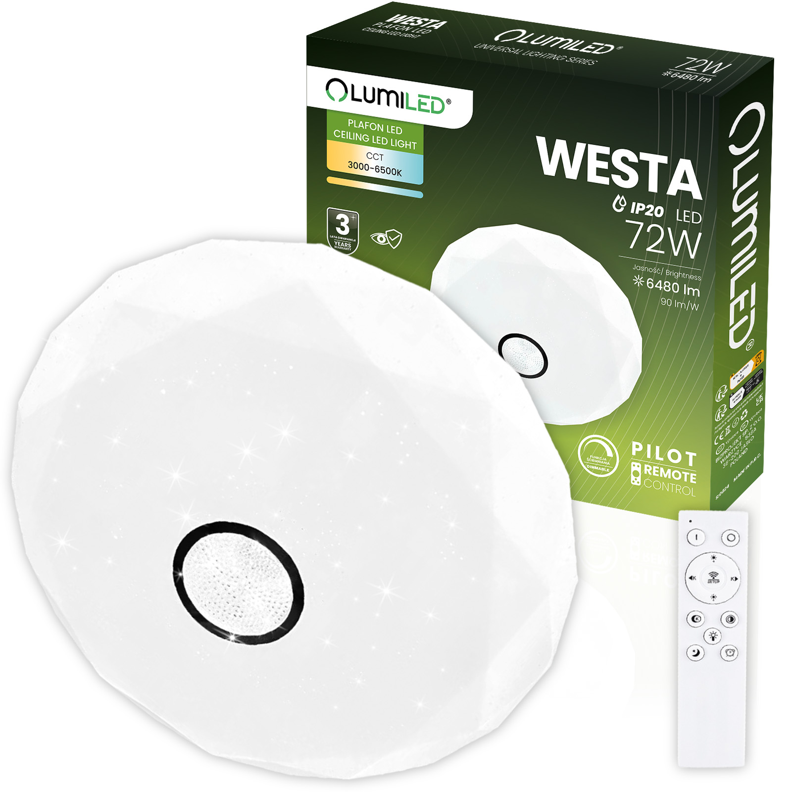 Plafon LED Lampa Sufitowa Natynkowa WESTA 72W CCT Biały Okrągły 50cm + PILOT LUMILED - główne zdjęcie produktu
