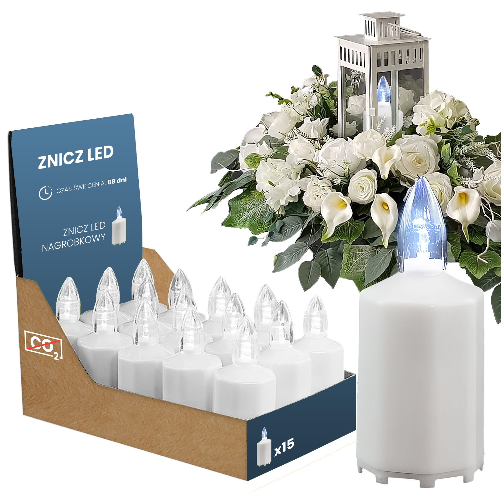 Zestaw 15x Znicz Elektryczny LED Świeca Wkład Nagrobkowy + 30 Baterii R6 Biały - główne zdjęcie produktu