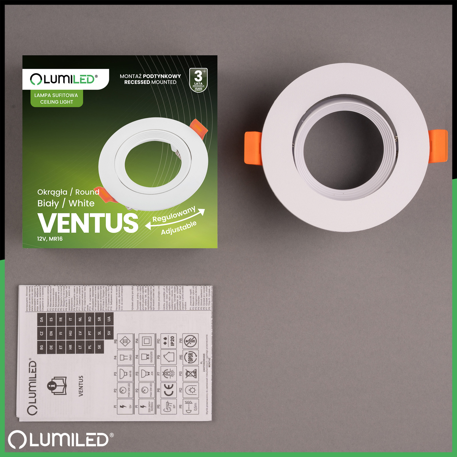 Oprawa Halogenowa Podtynkowa Ruchoma Okrągła Biała GU10 MR16 VENTUS Lumiled - skład produktu