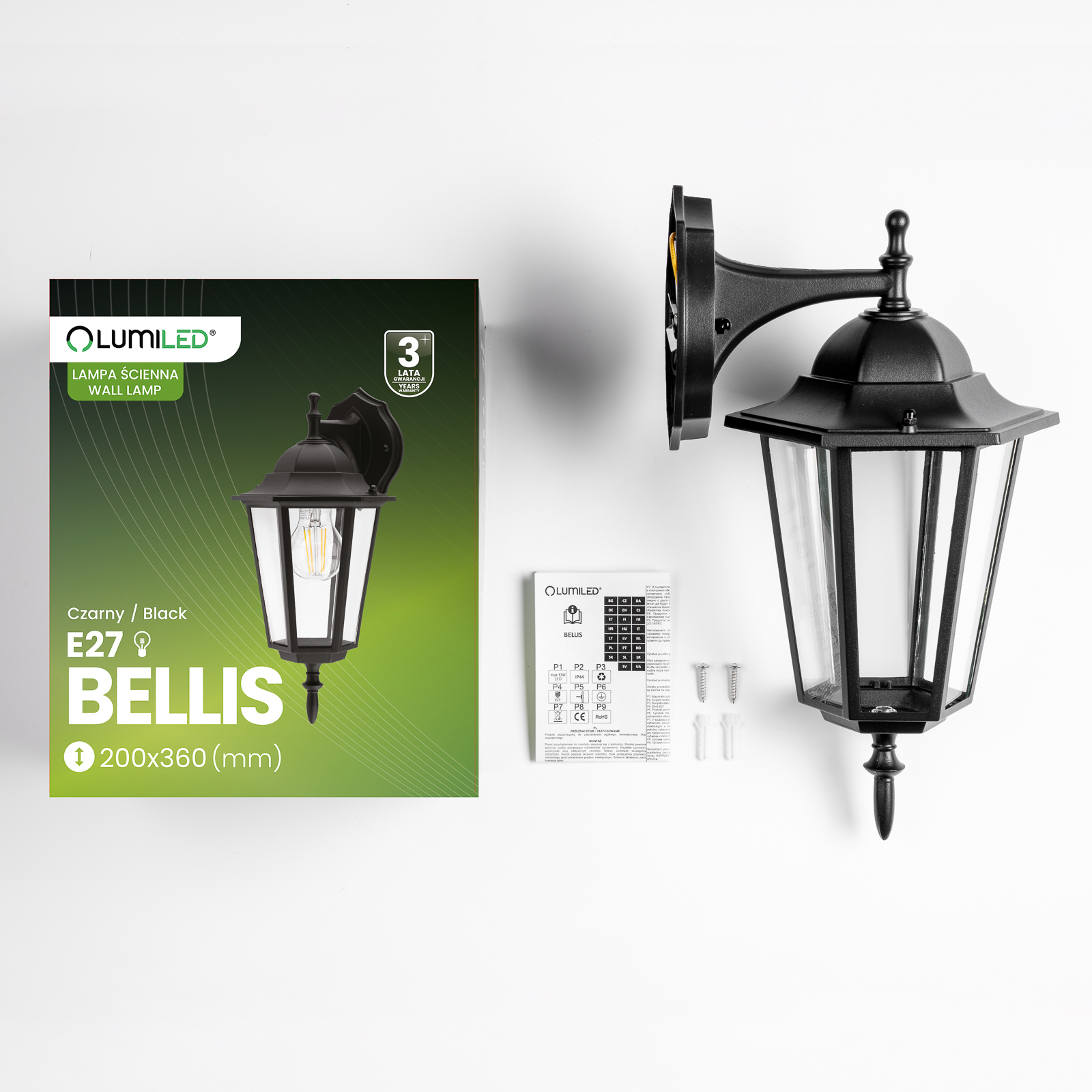 Kinkiet Ogrodowy Elewacyjny Zewnętrzny E27 LATARNIA do DOŁU Czarna BELLIS LUMILED - skład produktu