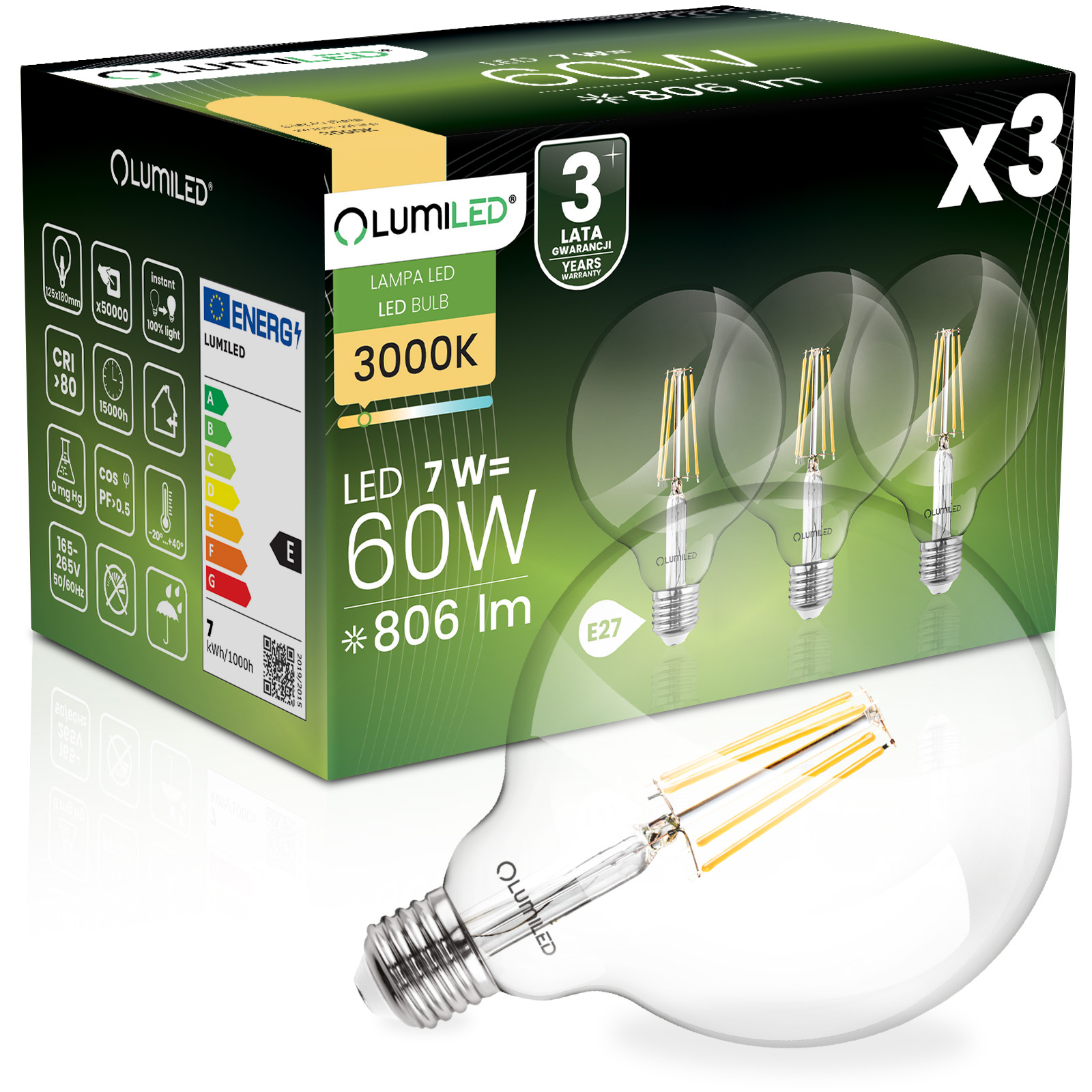 3x Żarówka LED E27 Kula G125 7W = 60W 806lm 3000K Ciepła 360° FILAMENT LUMILED - główne zdjęcie produktu