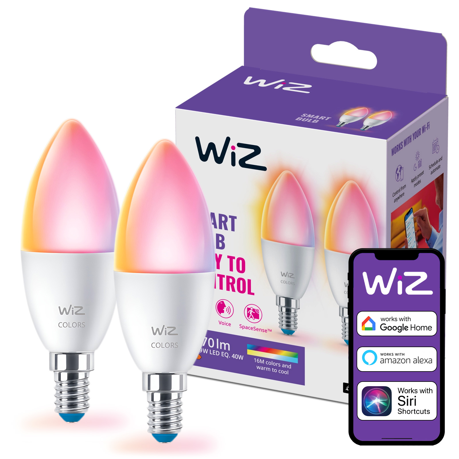 2x Żarówka LED E14 Świeczka C37 4.9W = 40W 470lm 2200-6500K RGB + TW Inteligentna SMART WiFi Bluetooth Aplikacja WiZ - główne zdjęcie produktu