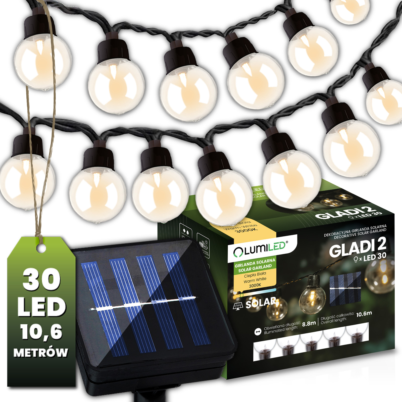 Girlanda Solarna Ogrodowa 30x LED Ozdobne Kuleczki 10,6m Ciepła 3000K GLADI 2 LUMILED - główne zdjęcie produktu