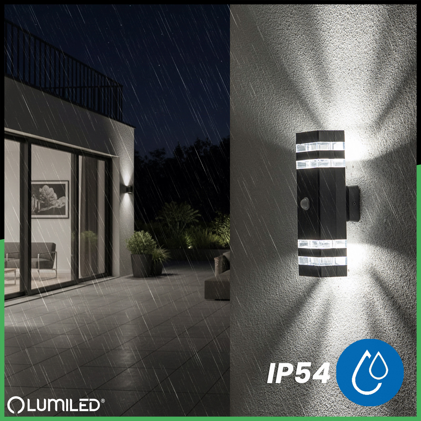 Lampa Ogrodowa Kinkiet Elewacyjny góra dół 2xGU10 Czarny Czujnik Ruchu i Zmierzchu IP54 PROTEA LUMILED - druga cecha produktu
