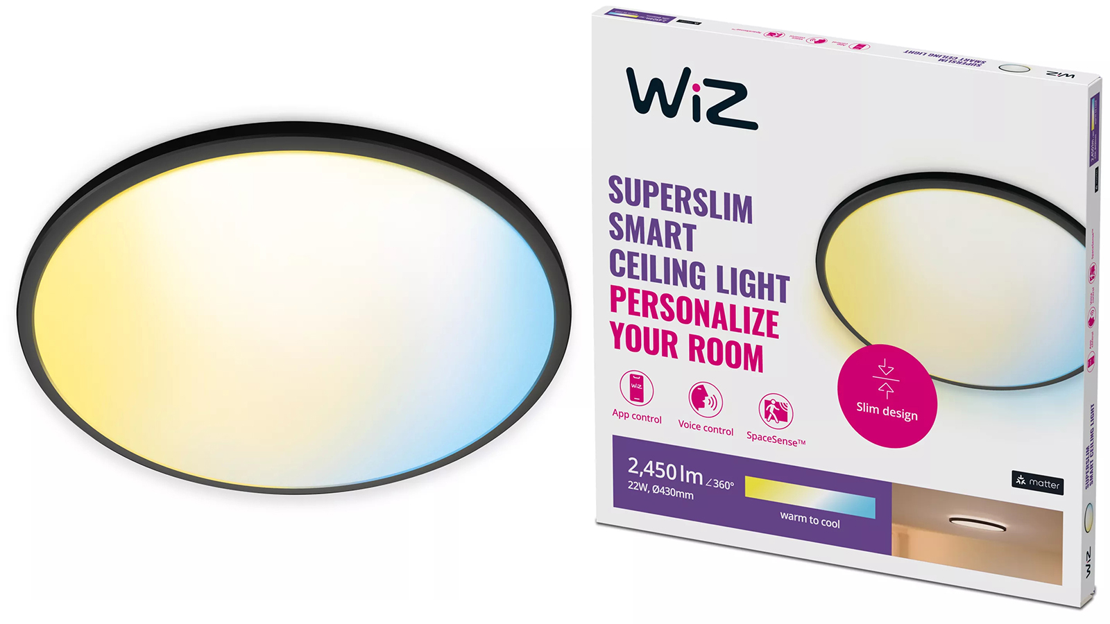 Plafon LED Lampa Sufitowa Natynkowa 22W 2450lm 2700-6500K TW 43cm Czarna Okrągła Inteligentna SMART WiFi Bluetooth Aplikacja Superslim WiZ - główne zdjęcie produktu