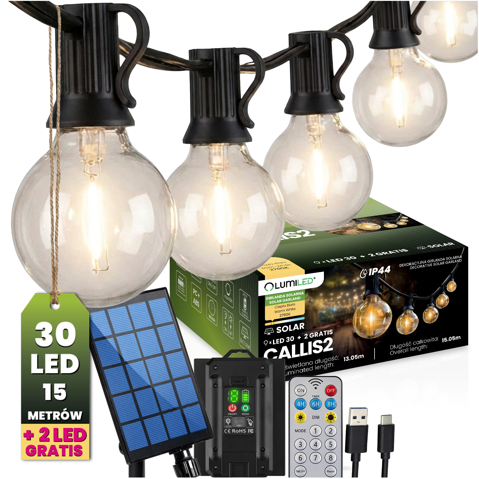 Girlanda Solarna Ogrodowa 30x LED Ozdobne Kuleczki 15,05m 2700K Ciepła + Pilot CALLIS2 LUMILED - główne zdjęcie produktu