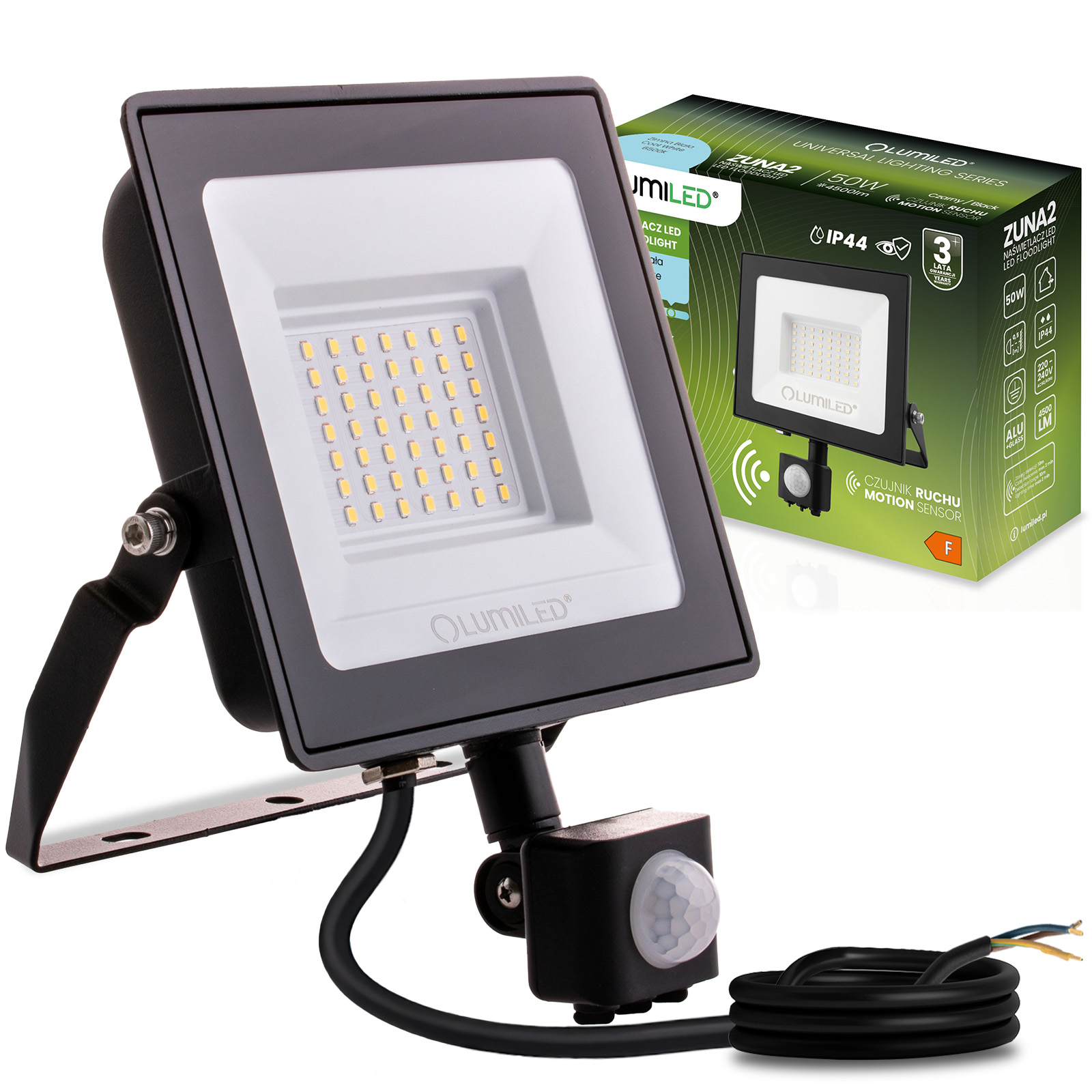 Naświetlacz LED ZUNA2 50W 4500lm 6500K IP44 Czarny Czujnik Ruchu LUMILED - główne zdjęcie produktu