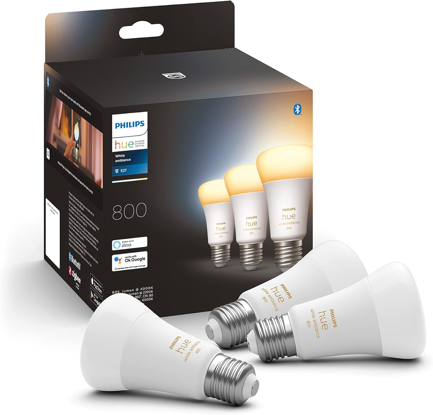 3x Żarówka LED E27 A60 9W = 60W 806lm 2200-6500K CCT SMART Inteligentna Bluetooth ZigBee White Ambiance Philips HUE - główne zdjęcie produktu