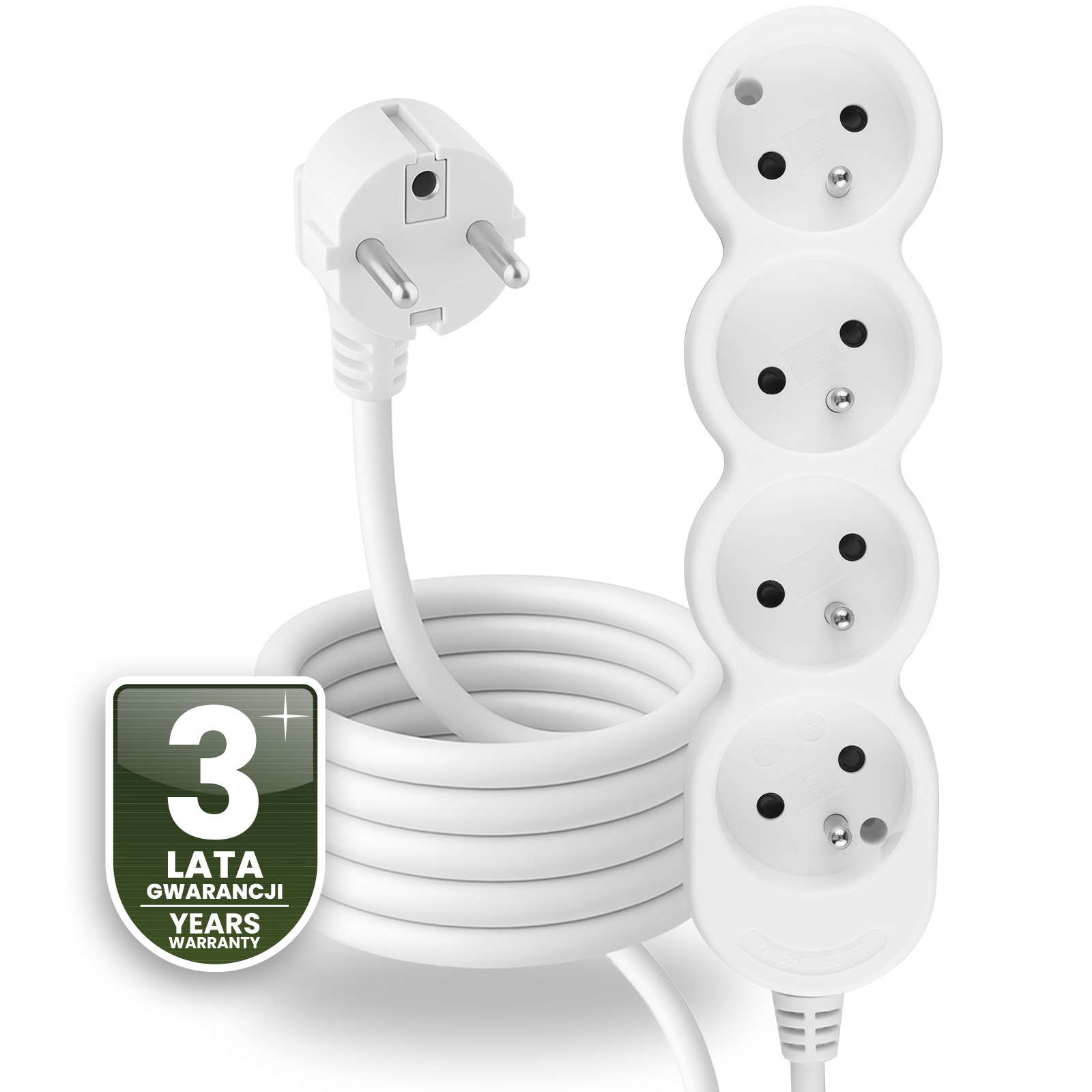 Przedłużacz Sieciowy Kabel z Uziemieniem Listwa Zasilająca 4 Gniazda 3m Biały Sznur Lendo Lumiled - czwarta cecha produktu