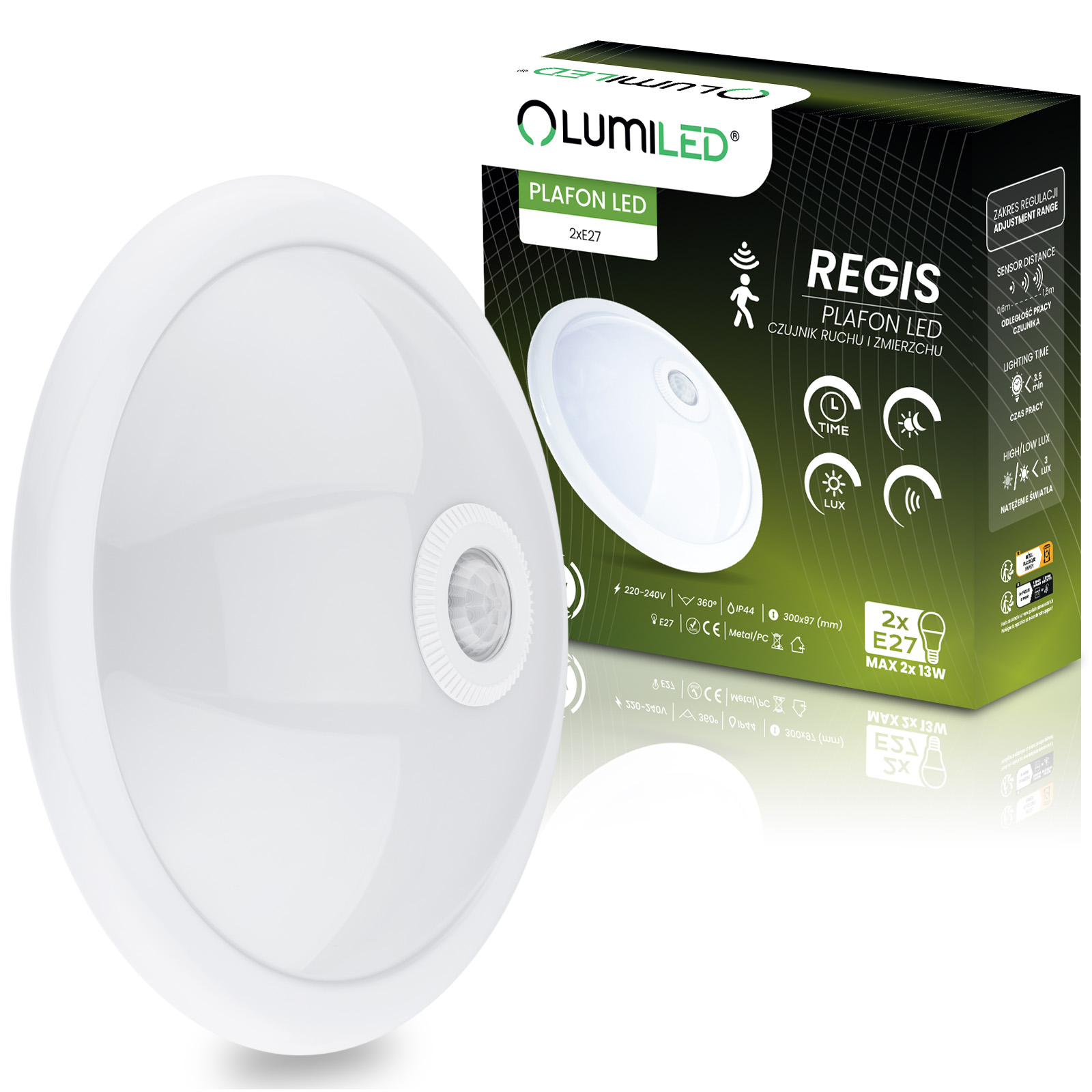 Plafon LED Lampa Sufitowa Natynkowa REGIS 2x E27 IP44 z Czujnikiem Ruchu i Zmierzchu Biały Okrągły 30cm LUMILED - główne zdjęcie produktu